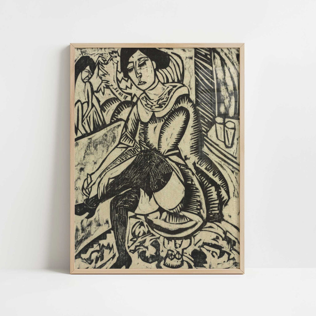 Woman Putting on Her Shoes (1912) by Ernst Ludwig Kirchner – Art Print - Art print in oak frame
