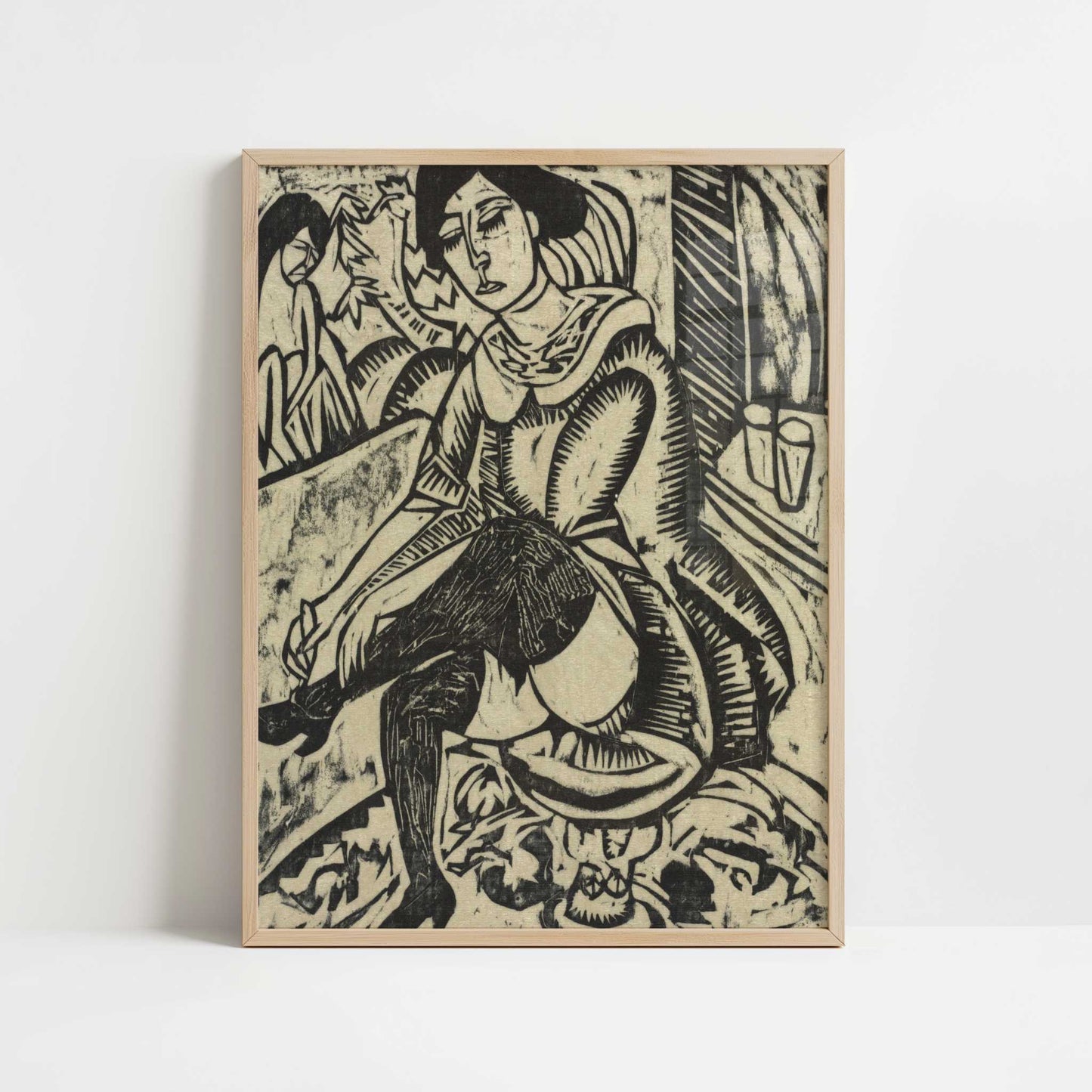 Woman Putting on Her Shoes (1912) by Ernst Ludwig Kirchner – Art Print - Art print in oak frame