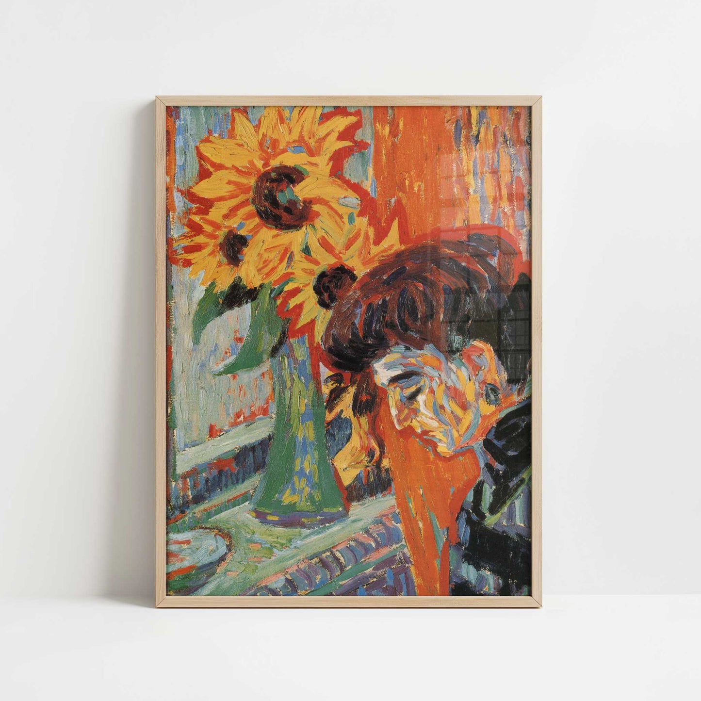 Woman's Head with Sunflowers (1906) by Ernst Ludwig Kirchner – Art Print - Art print in oak frame