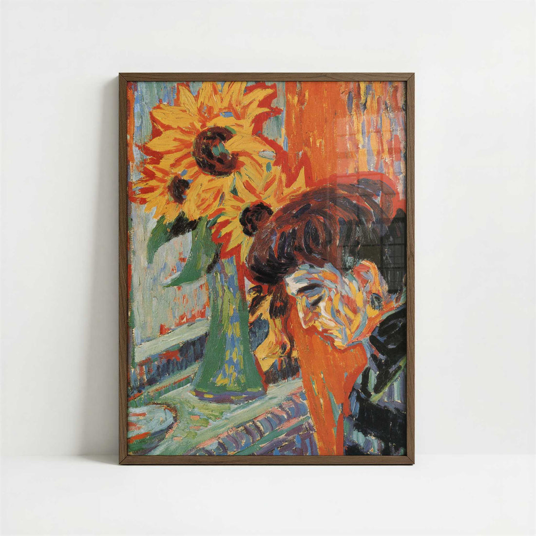 Woman's Head with Sunflowers (1906) by Ernst Ludwig Kirchner – Art Print - Art print in dark wood frame