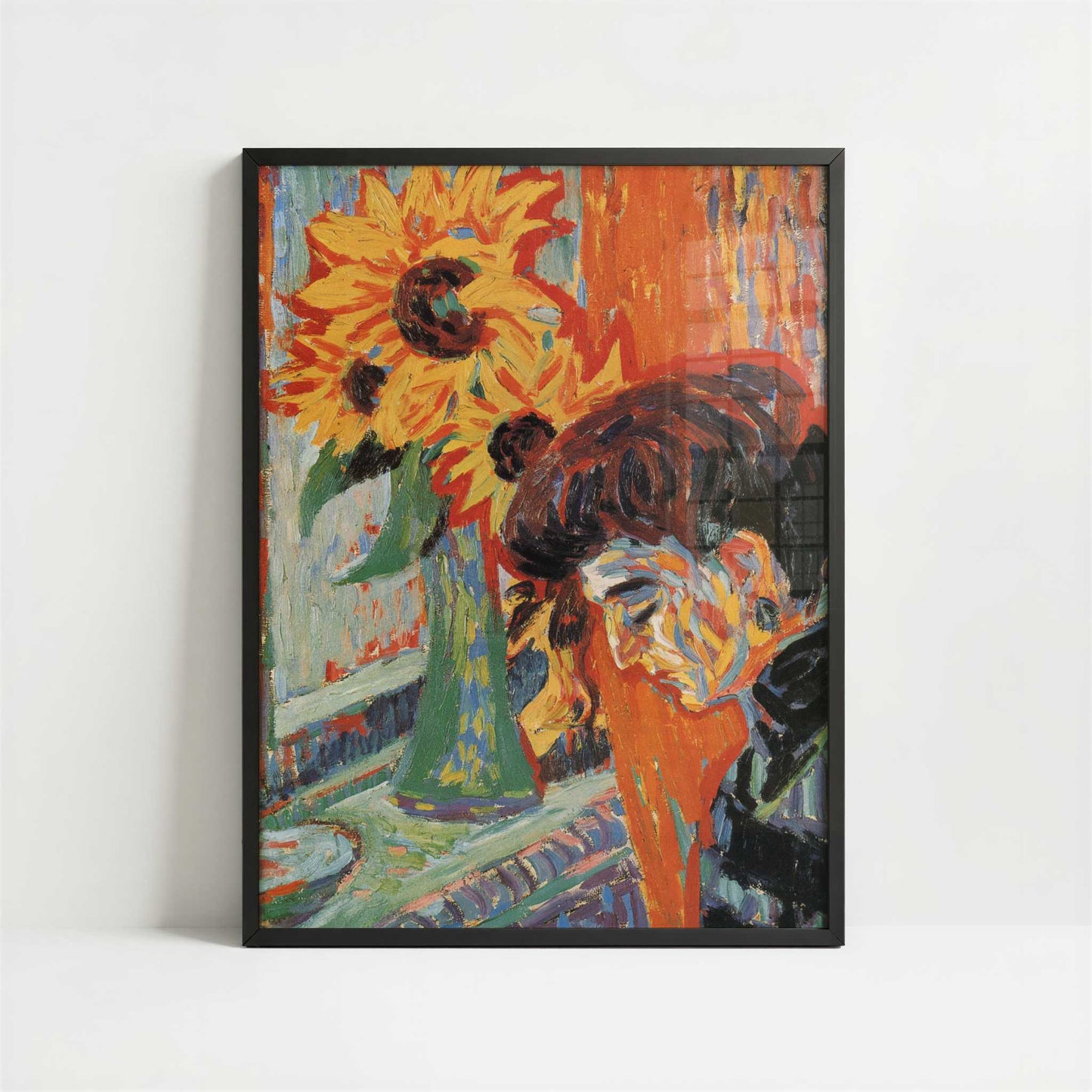 Woman's Head with Sunflowers (1906) by Ernst Ludwig Kirchner – Art Print - Art print in black frame
