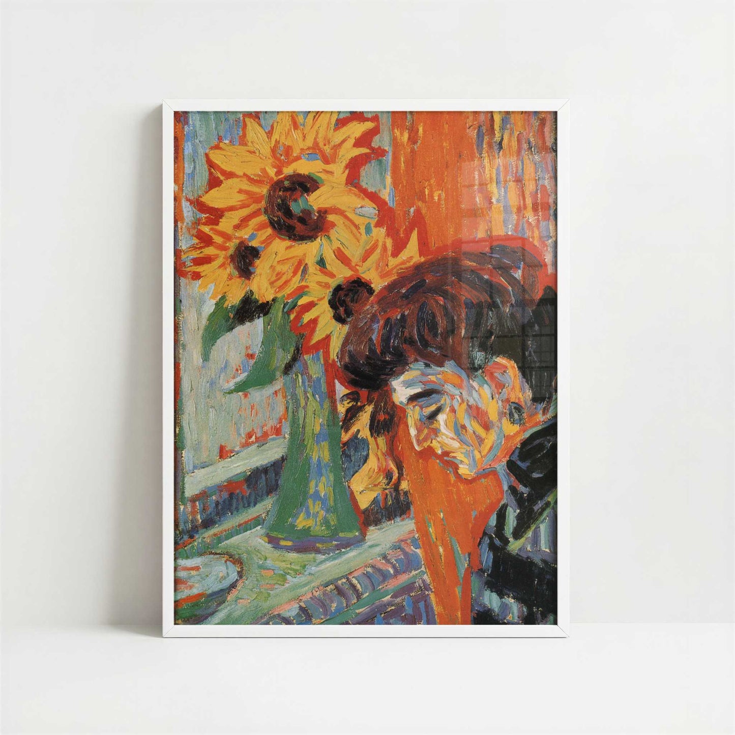 Woman's Head with Sunflowers (1906) by Ernst Ludwig Kirchner – Art Print - Art print in white frame