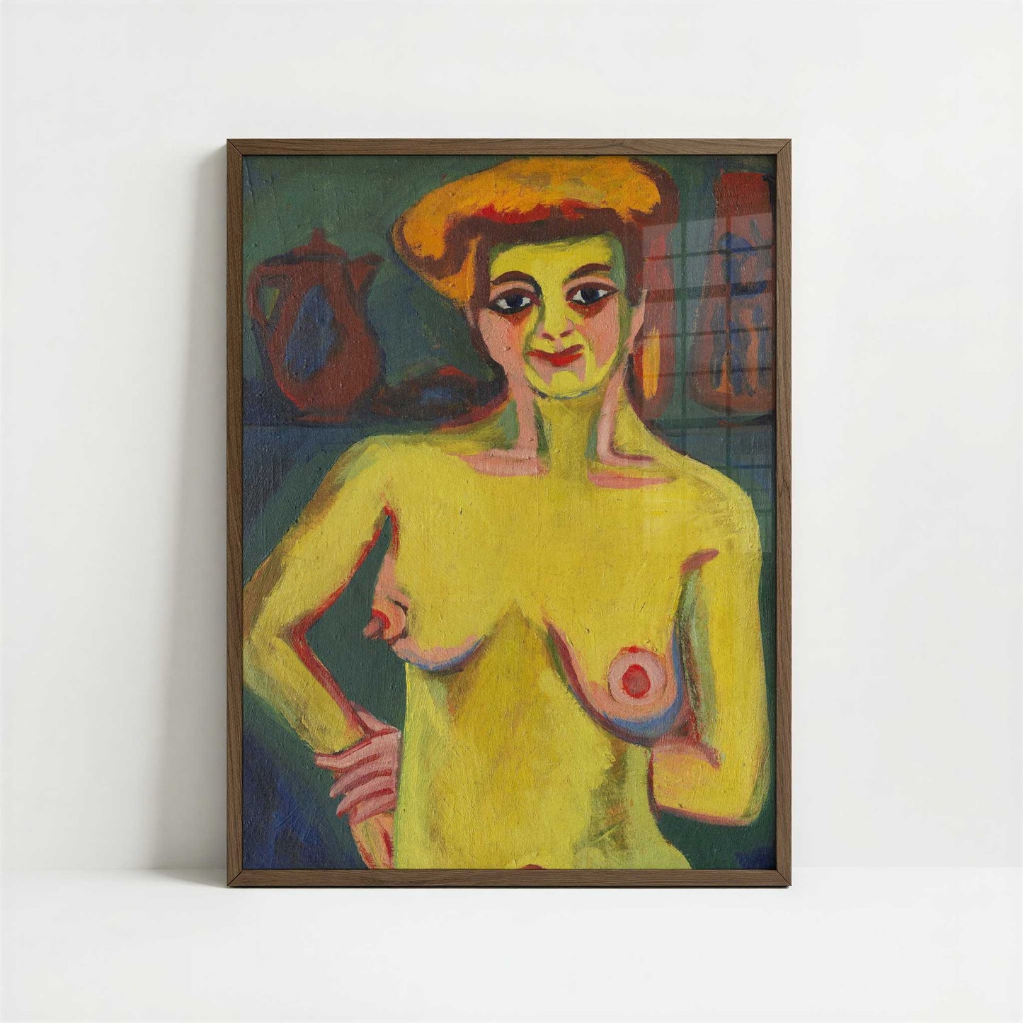 Yellow-green Half Nude (1910s) by Ernst Ludwig Kirchner – Art Print - Art print in dark wood frame