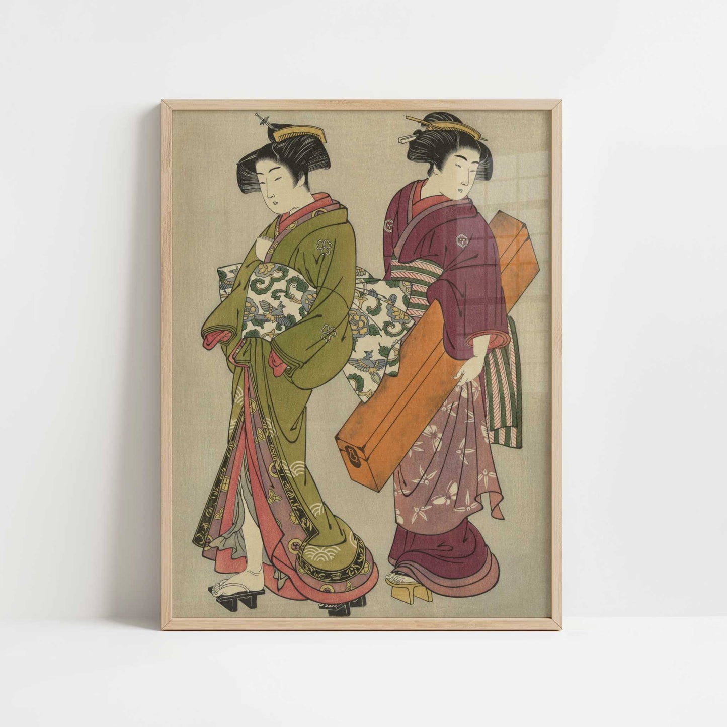 Geisha and a Servant Carrying Her Koto (1777) by Kitao Shigemasa – Art Print - Art print in oak frame