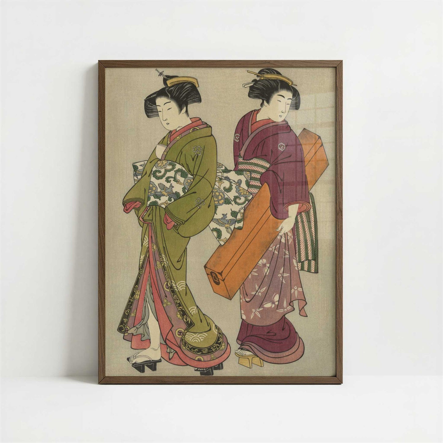 Geisha and a Servant Carrying Her Koto (1777) by Kitao Shigemasa – Art Print - Art print in dark wood frame