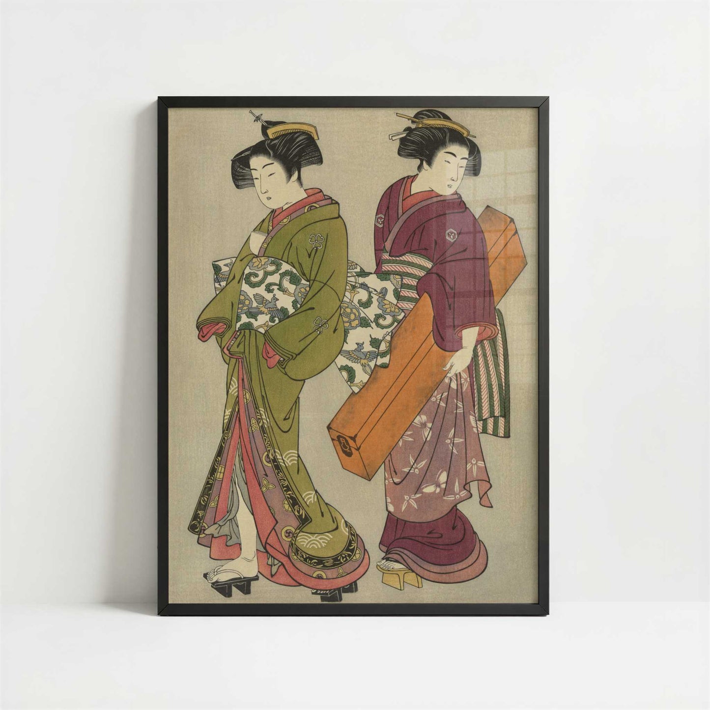 Geisha and a Servant Carrying Her Koto (1777) by Kitao Shigemasa – Art Print - Art print in black frame