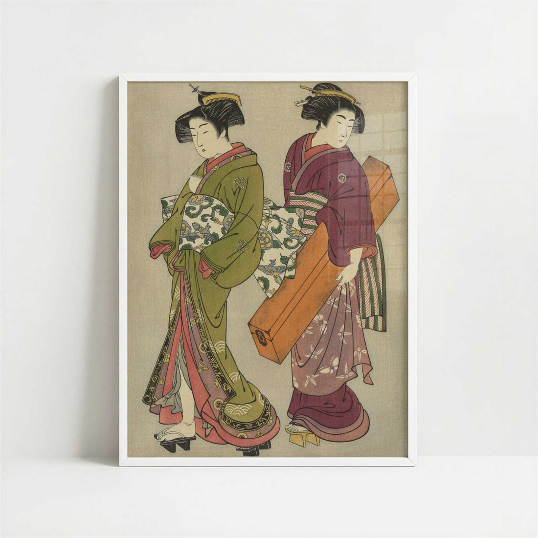 Geisha and a Servant Carrying Her Koto (1777) by Kitao Shigemasa – Art Print - Art print in white frame