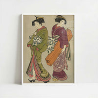 Geisha and a Servant Carrying Her Koto (1777) by Kitao Shigemasa – Art Print - Art print in white frame