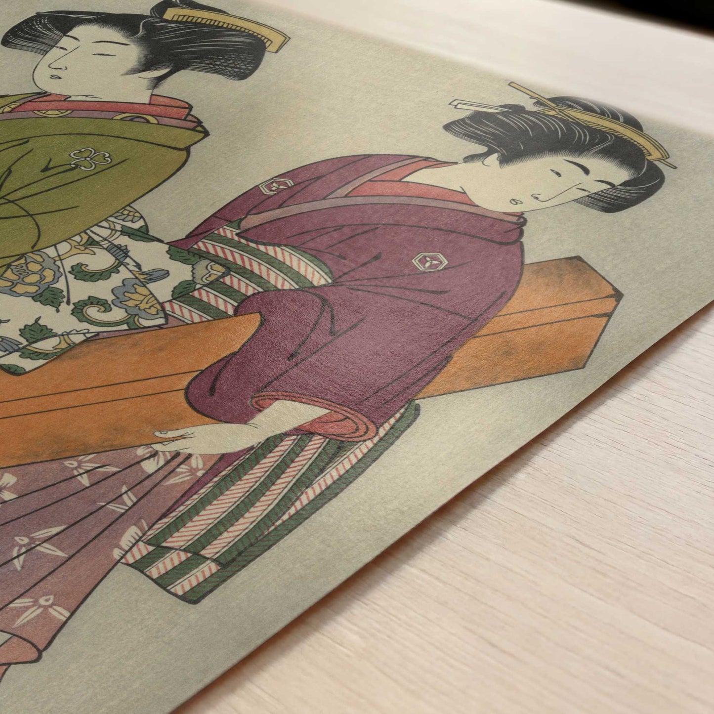 Geisha and a Servant Carrying Her Koto (1777) by Kitao Shigemasa – Art Print - Close-up detail of the art print