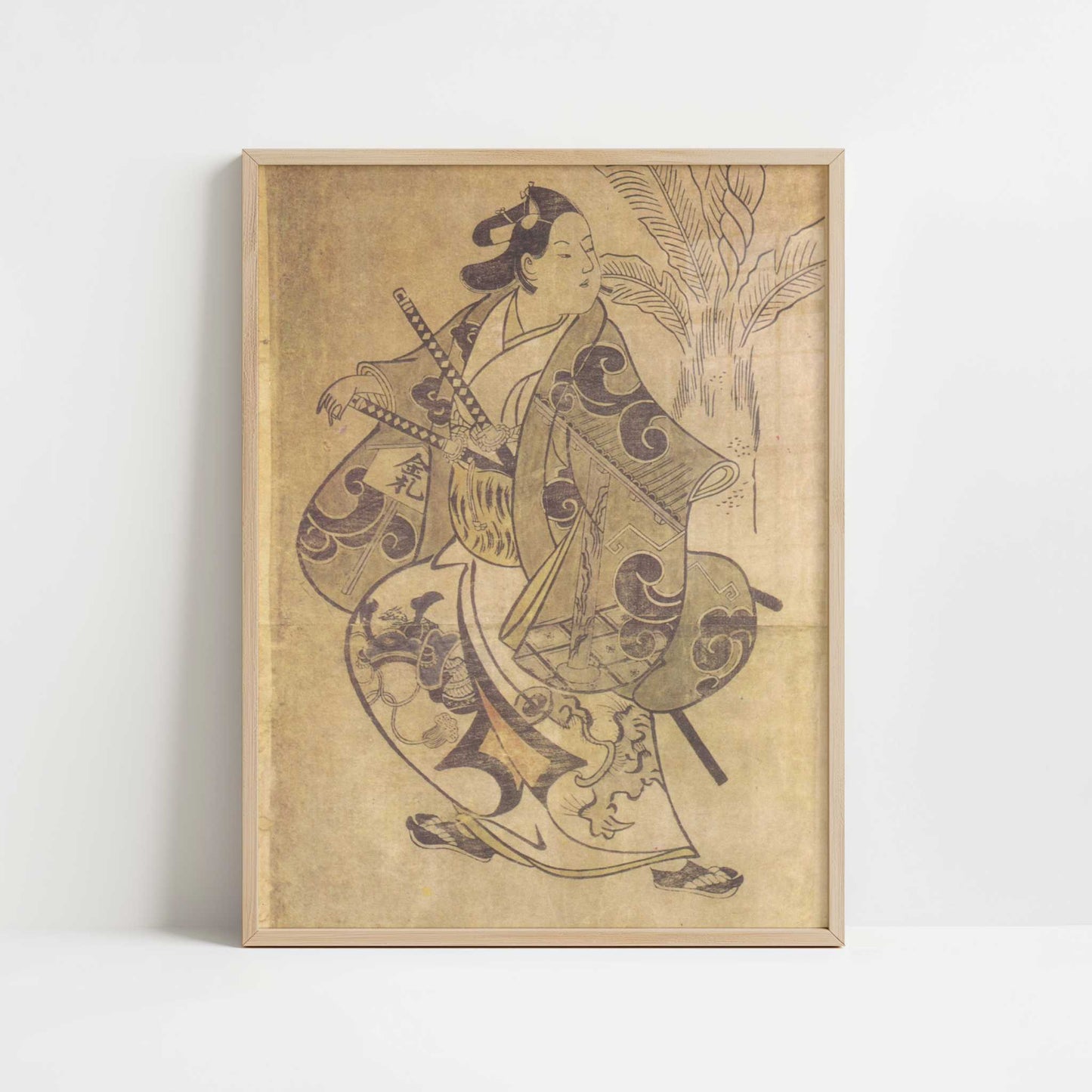 The Actor Shinomiya Heihachi in a Samurai Role (1700–05) by Torii Kiyonobu I – Art Print - Art print in oak frame