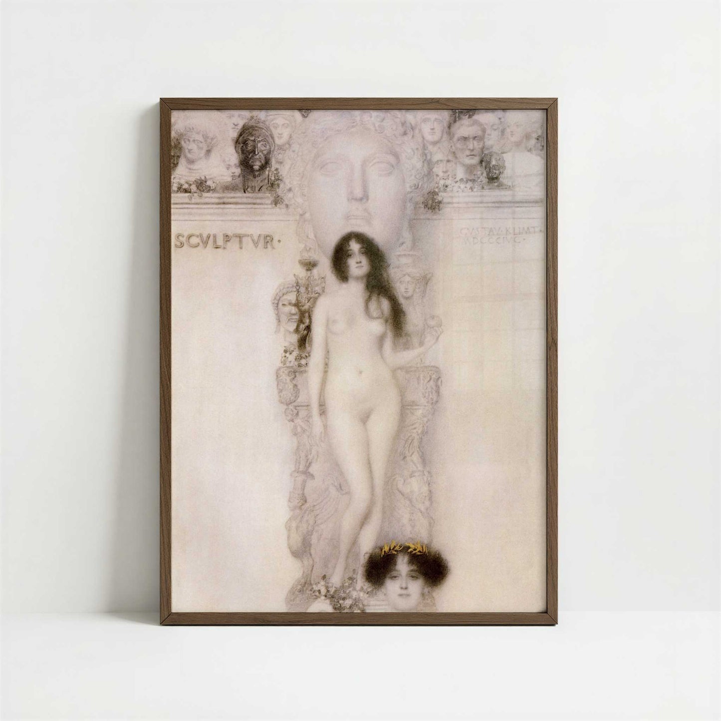Drawing for Allegory Sculpture (1896) by Gustav Klimt – Art Print - Art print in dark wood frame