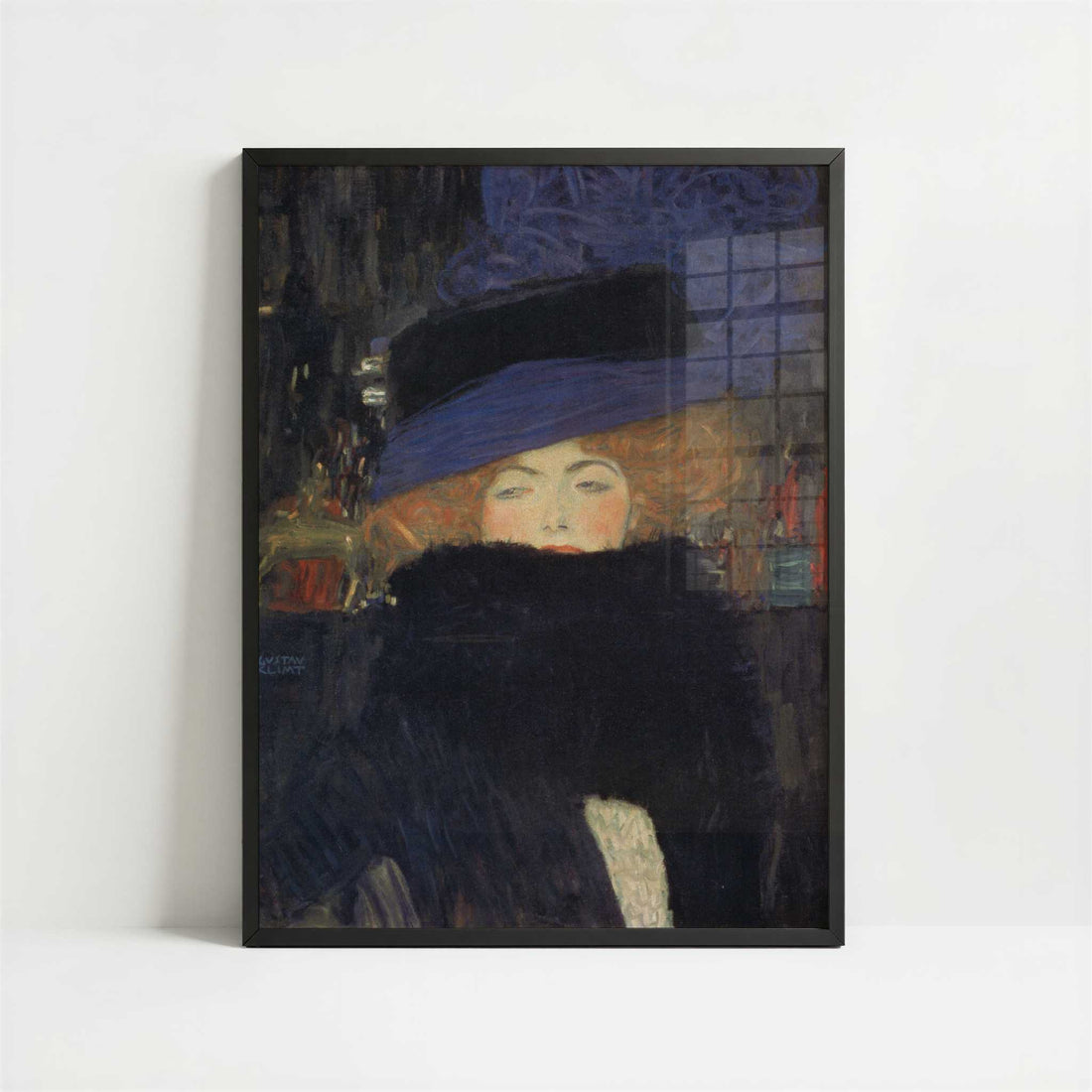 Woman with Hat & Feather Boa (1909) by Gustav Klimt – Art Print - Art print in black frame
