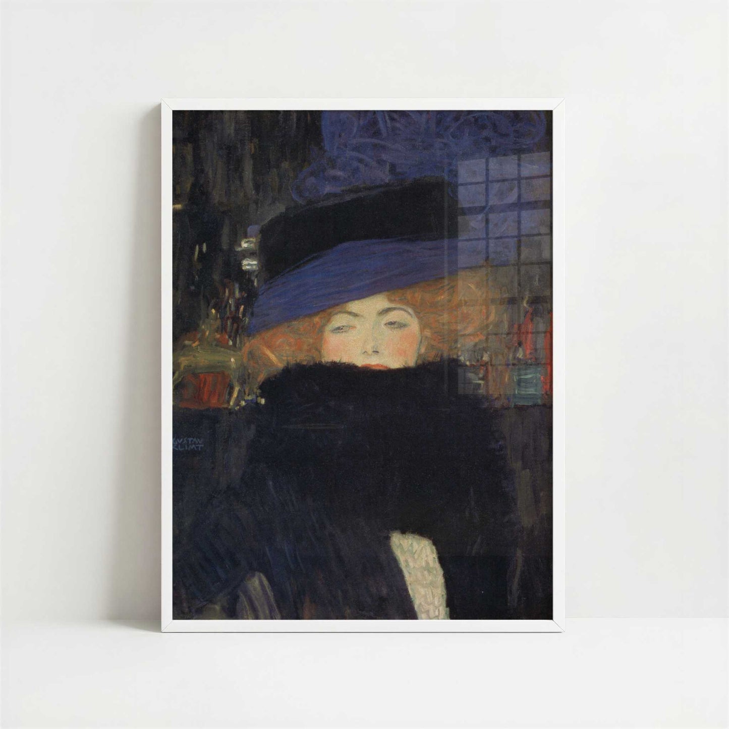 Woman with Hat & Feather Boa (1909) by Gustav Klimt – Art Print - Art print in white frame