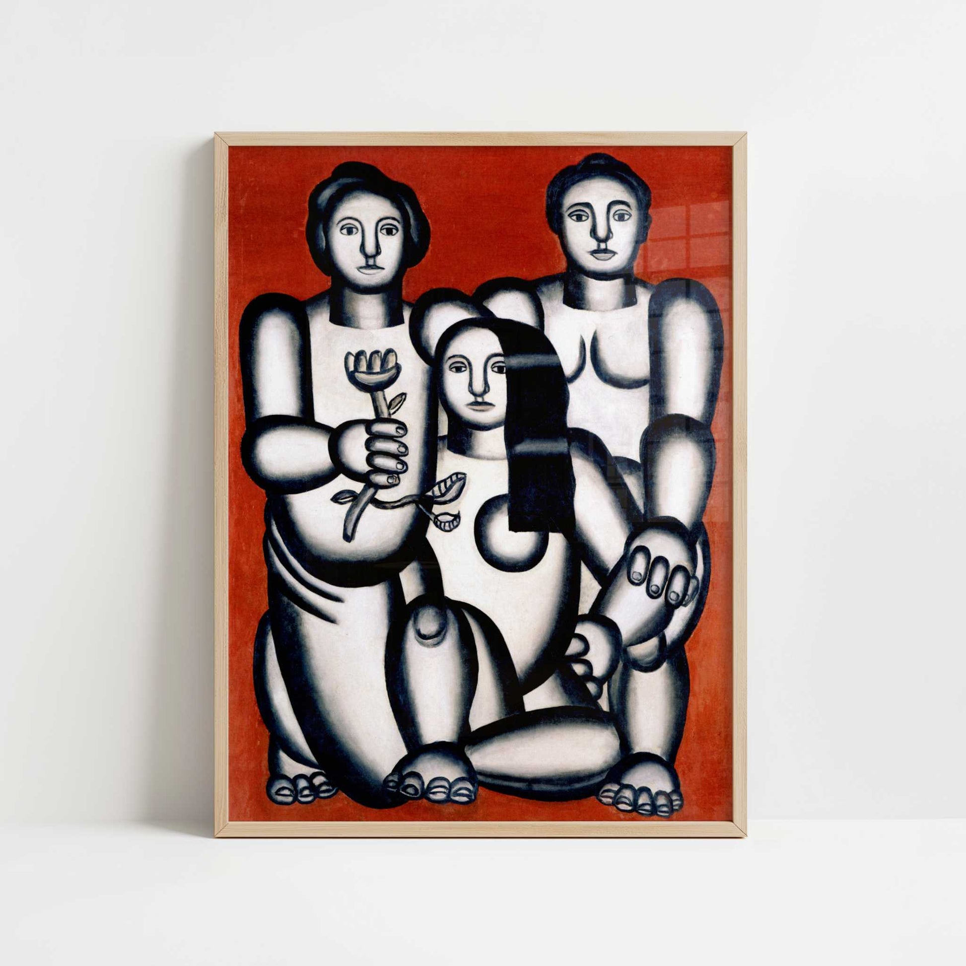 Three Women on a Red Background (1927) by Fernand Léger – Art Print - Art print in oak frame