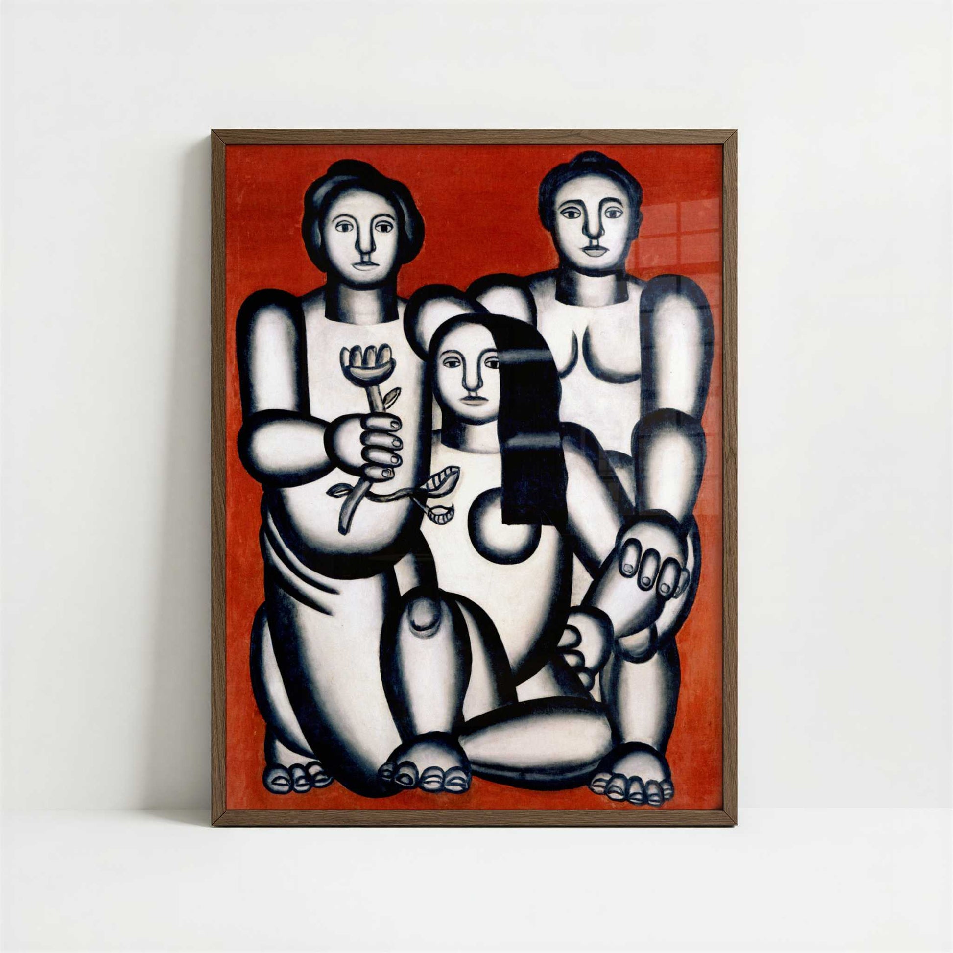 Three Women on a Red Background (1927) by Fernand Léger – Art Print - Art print in dark wood frame