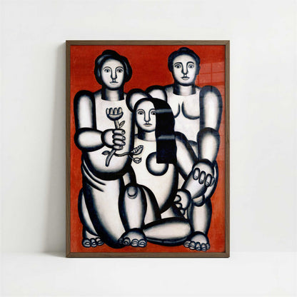 Three Women on a Red Background (1927) by Fernand Léger – Art Print - Art print in dark wood frame