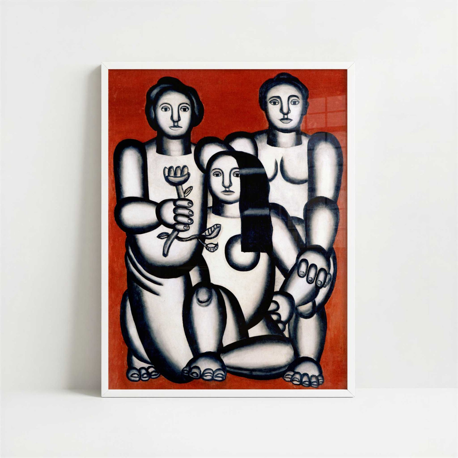 Three Women on a Red Background (1927) by Fernand Léger – Art Print - Art print in white frame