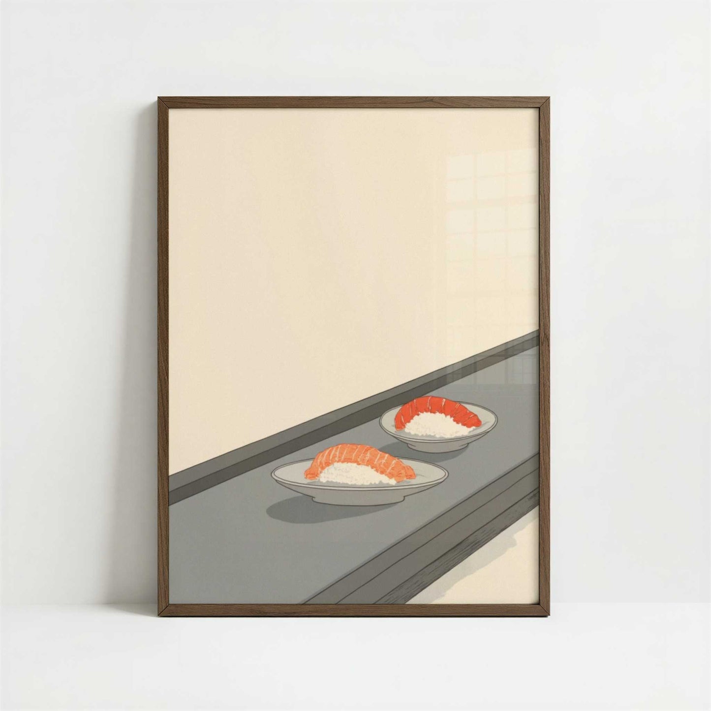Lunch Moving Past on a Belt - Art Print - Art print in dark wood frame