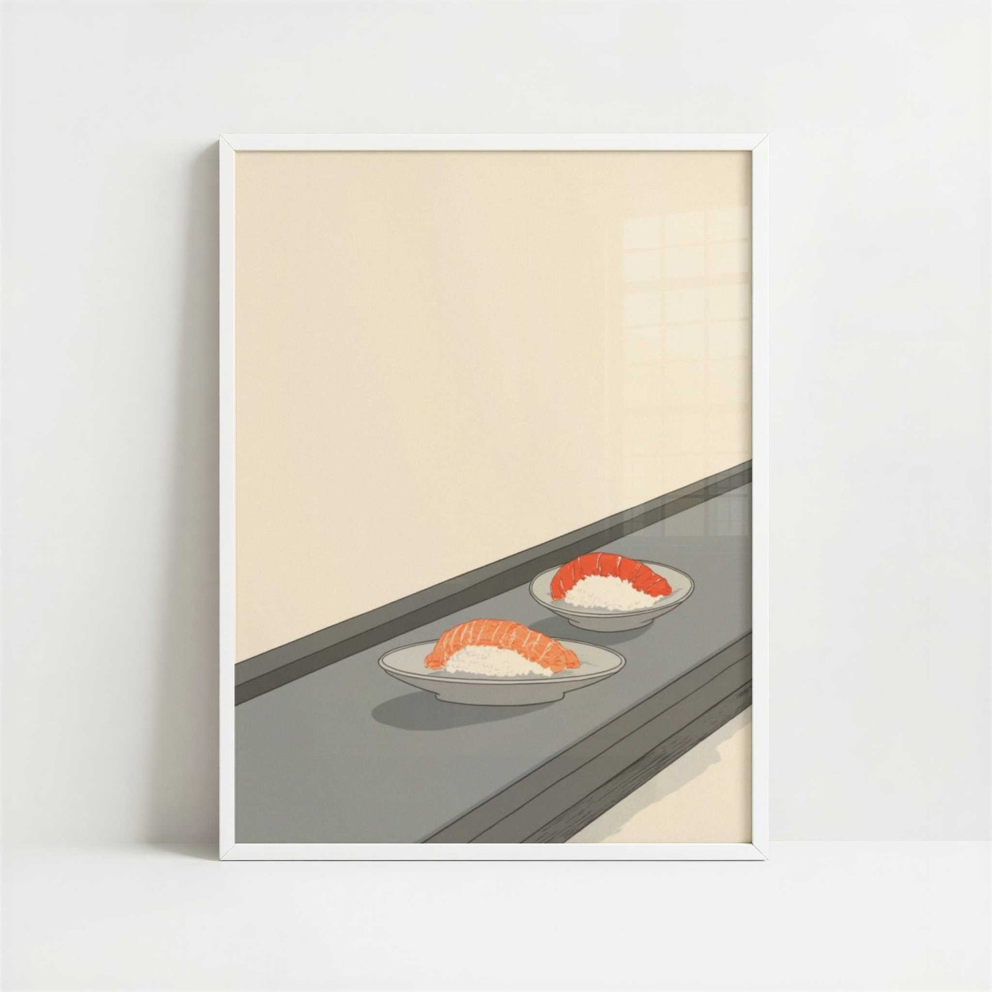 Lunch Moving Past on a Belt - Art Print - Art print in white frame
