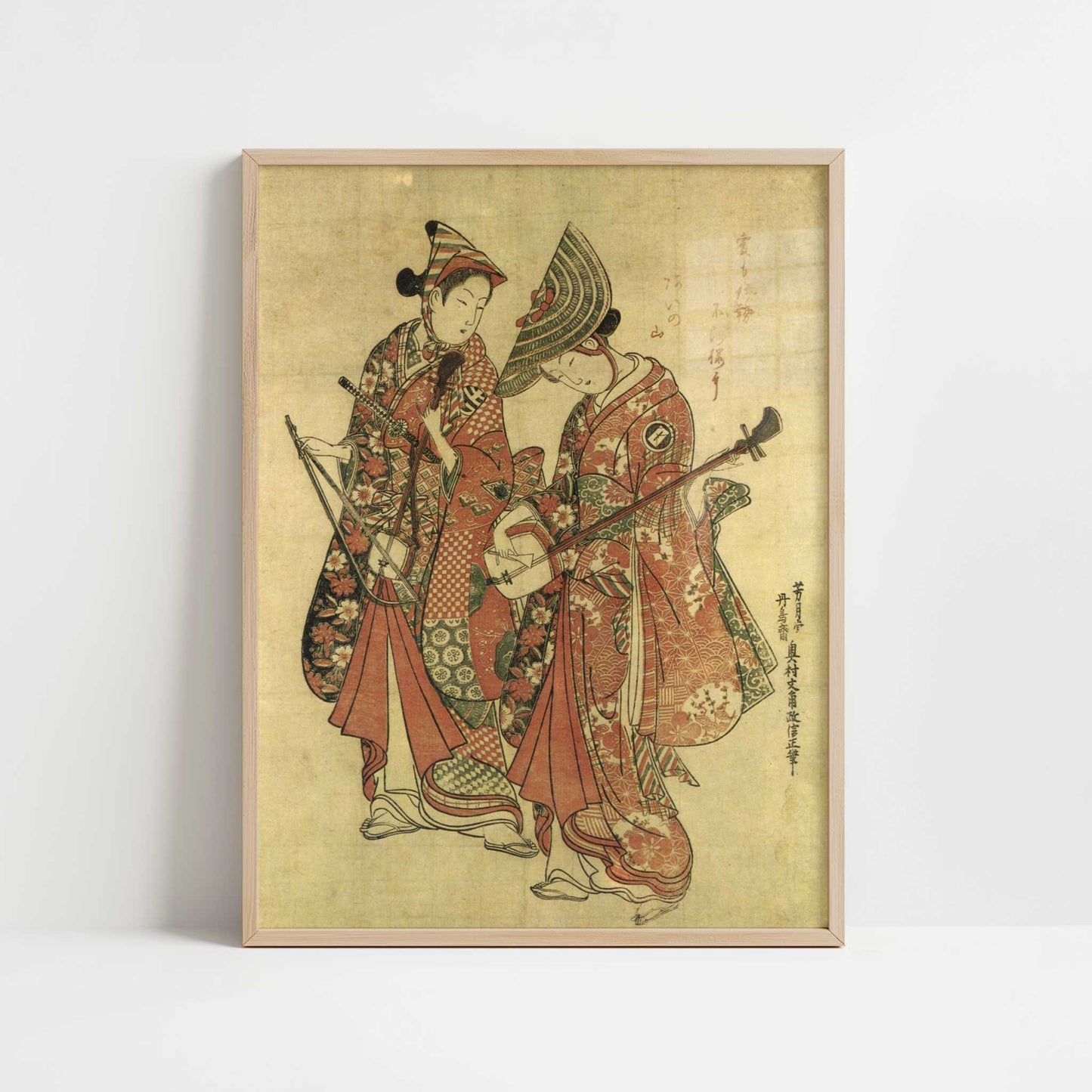 Actors as Yaoya O'shici & Kichisaburo (1750) by Masanobu, Okumura – Art Print - Art print in oak frame