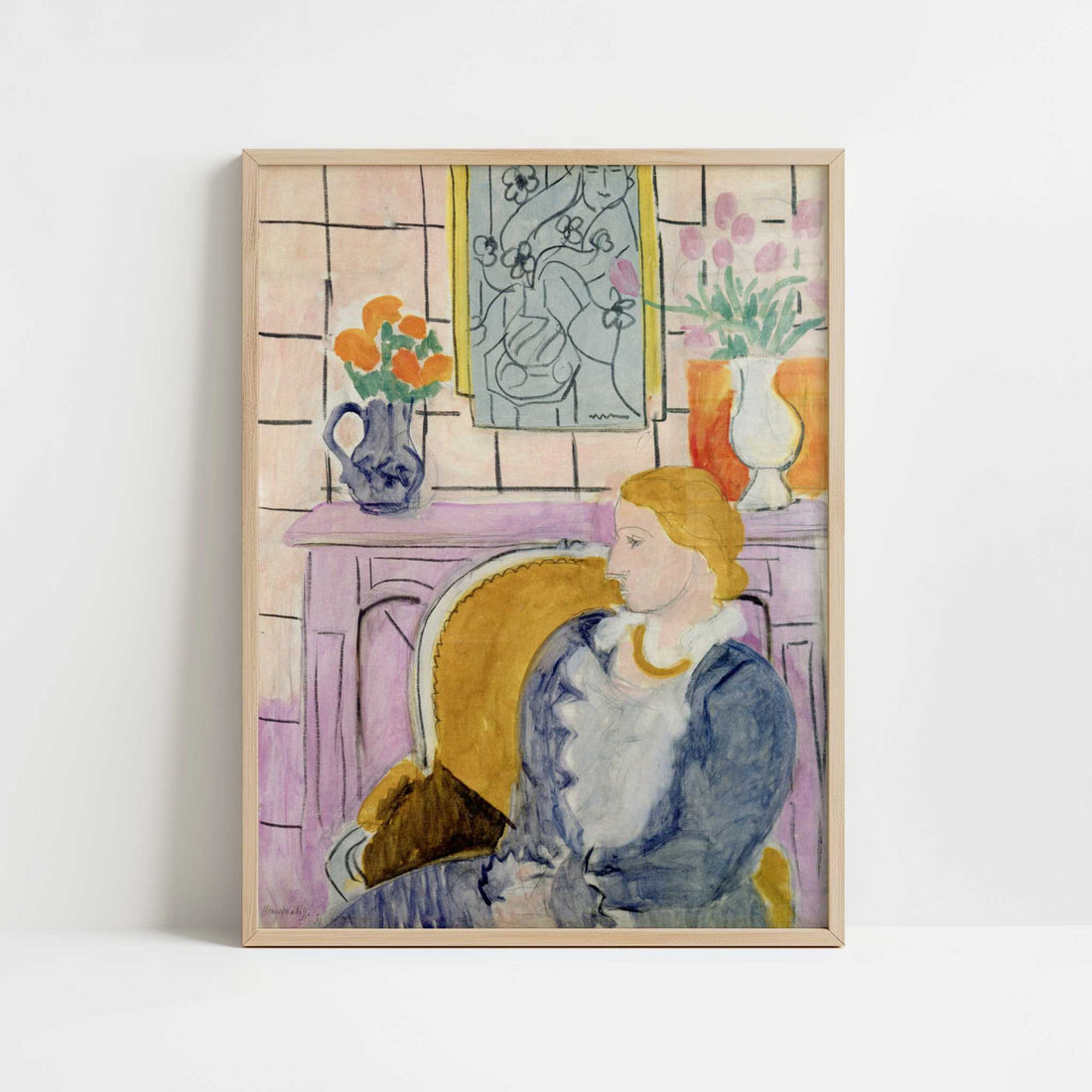 Blue Dress in an Ochre Armchair (1937) by Henri Matisse – Art Print - Art print in oak frame