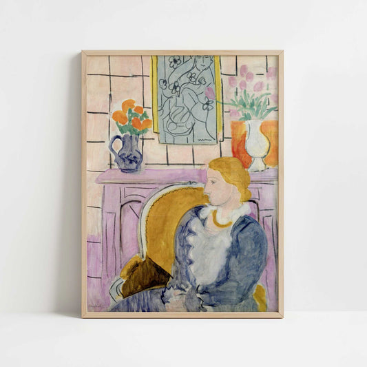 Blue Dress in an Ochre Armchair (1937) by Henri Matisse – Art Print - Art print in oak frame