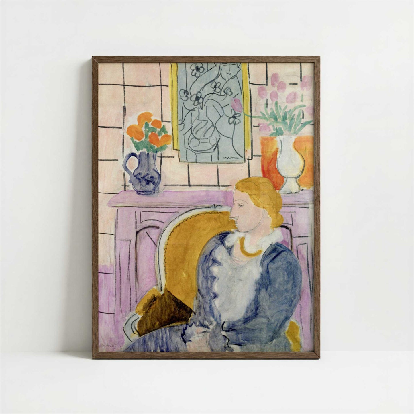 Blue Dress in an Ochre Armchair (1937) by Henri Matisse – Art Print - Art print in dark wood frame