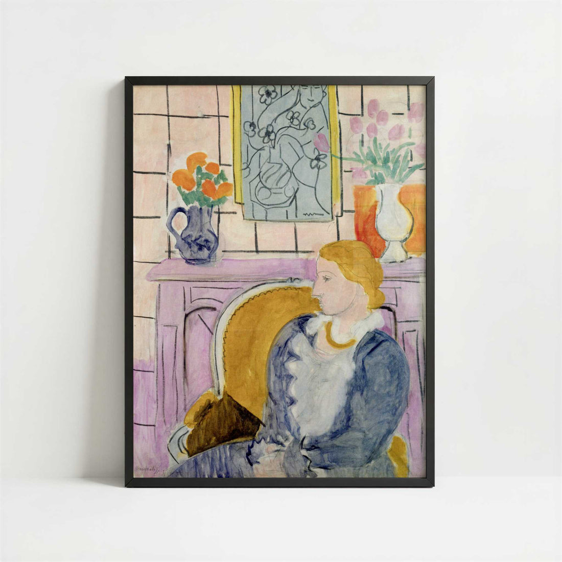 Blue Dress in an Ochre Armchair (1937) by Henri Matisse – Art Print - Art print in black frame