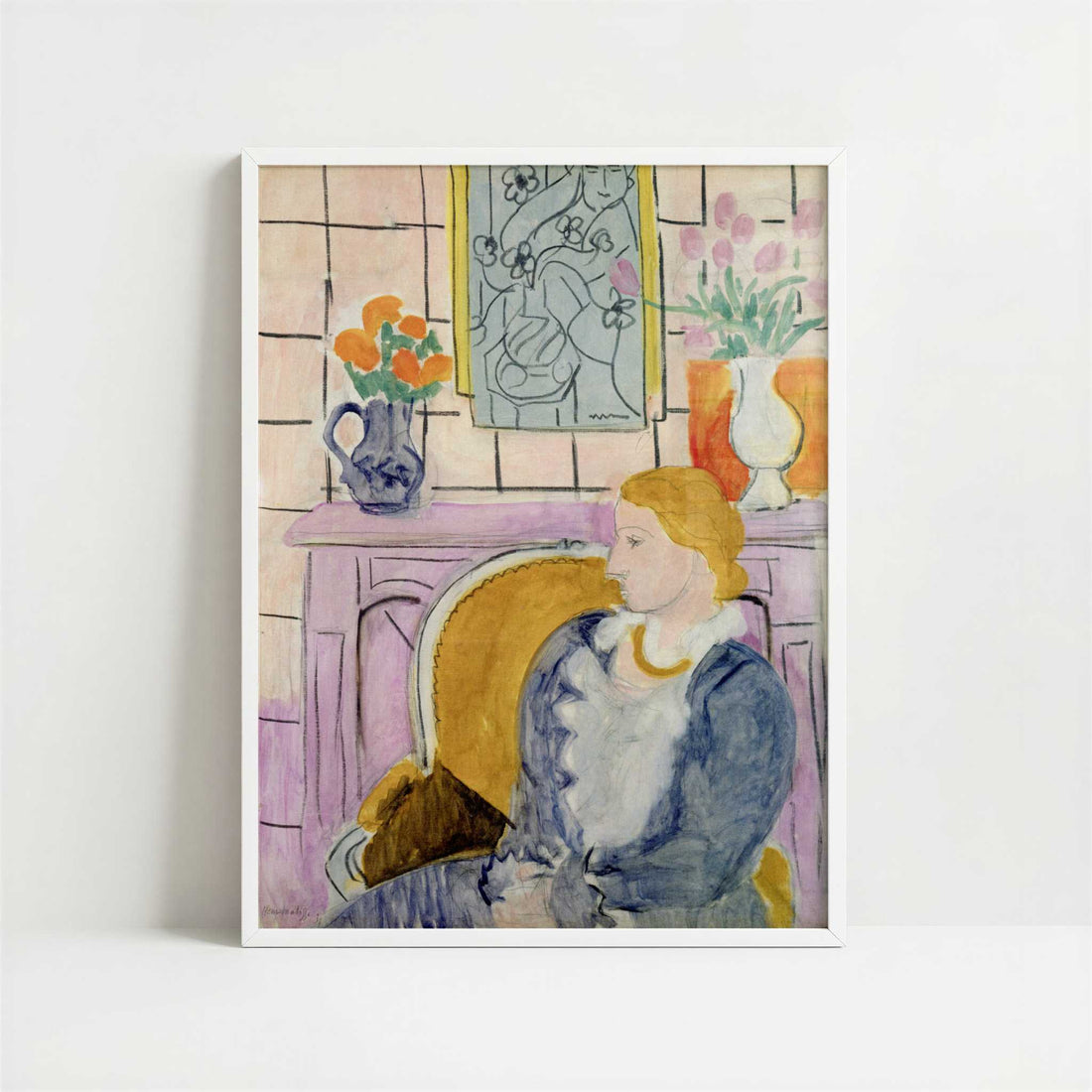 Blue Dress in an Ochre Armchair (1937) by Henri Matisse – Art Print - Art print in white frame