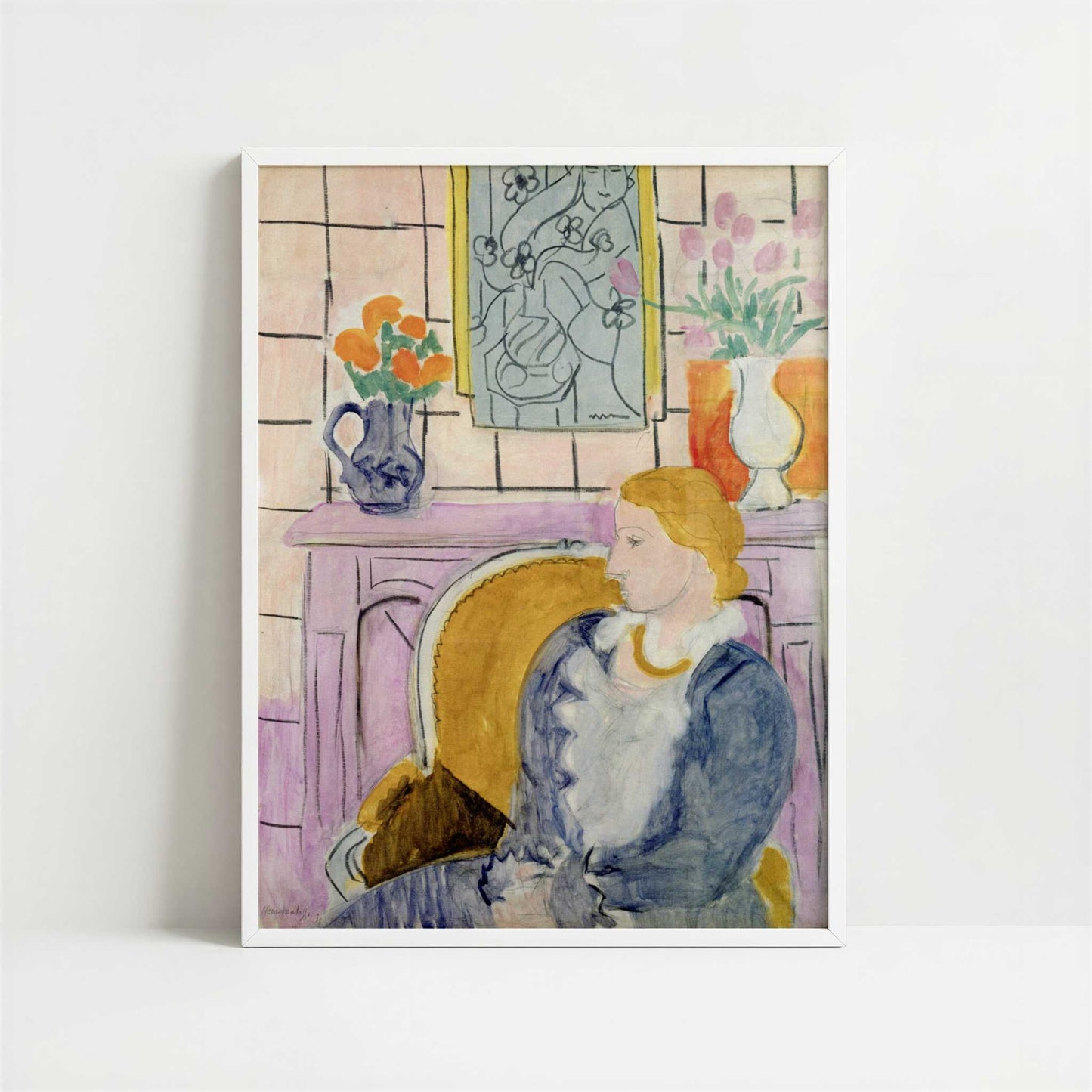 Blue Dress in an Ochre Armchair (1937) by Henri Matisse – Art Print - Art print in white frame