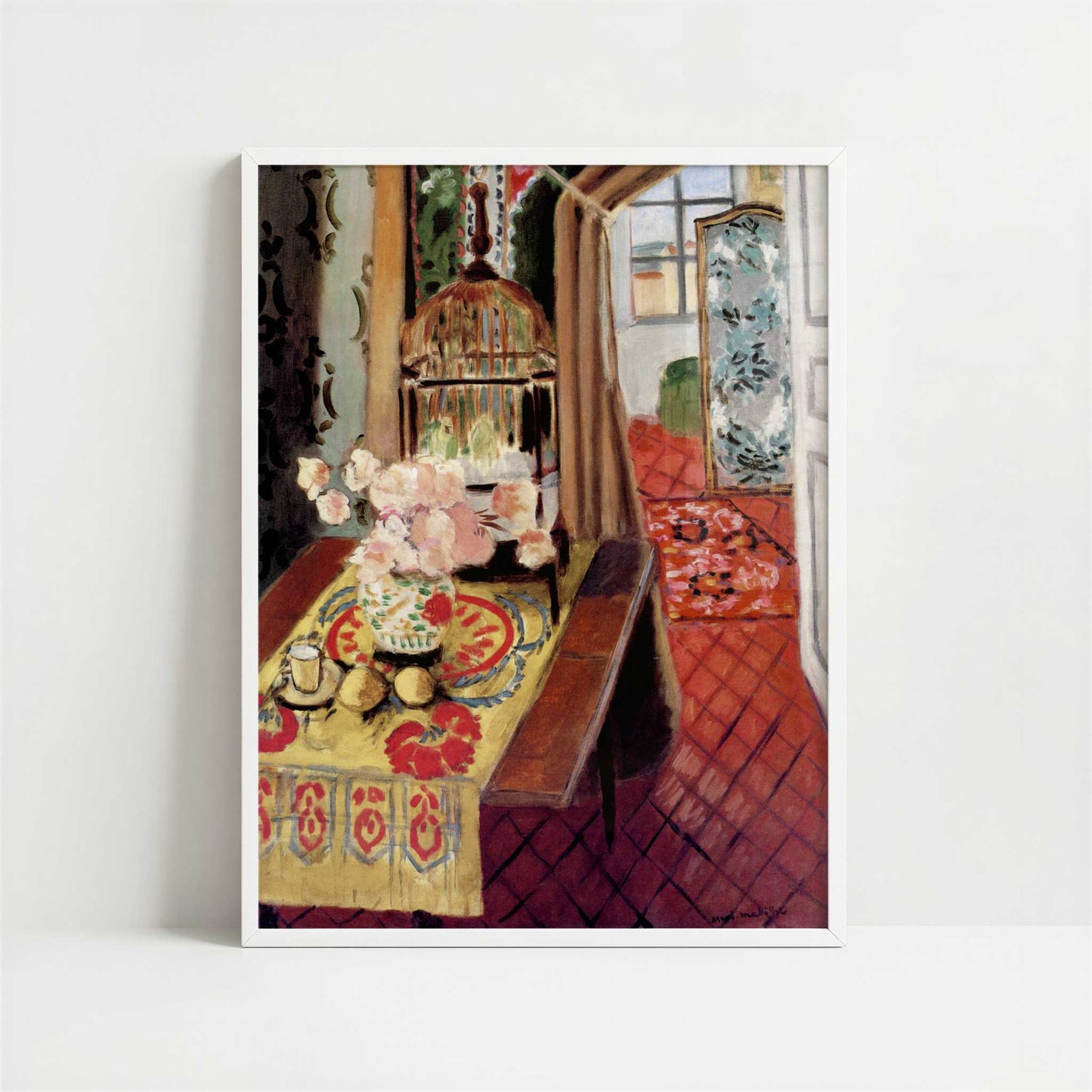 Interior, Flowers & Parakeets (1924) by Henri Matisse – Art Print - Art print in white frame