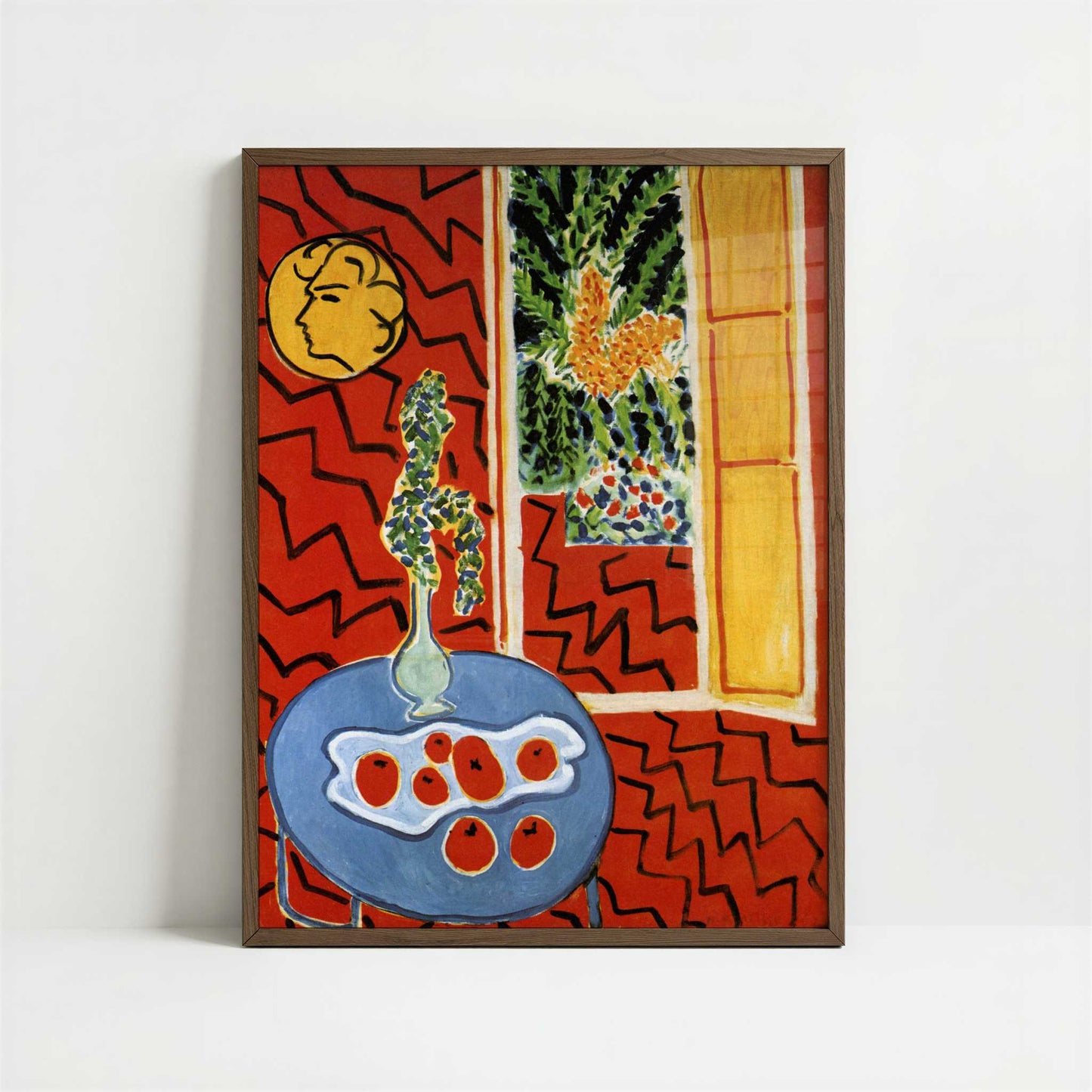 Red Interior, Still Life on Blue Table (1947) by Henri Matisse – Art Print - Art print in dark wood frame