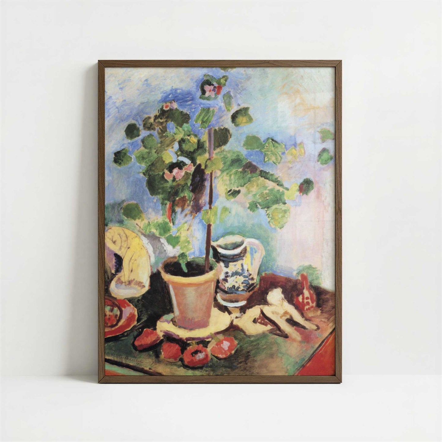 Still Life with Geranium & Fruit (1907) by Henri Matisse – Art Print - Art print in dark wood frame