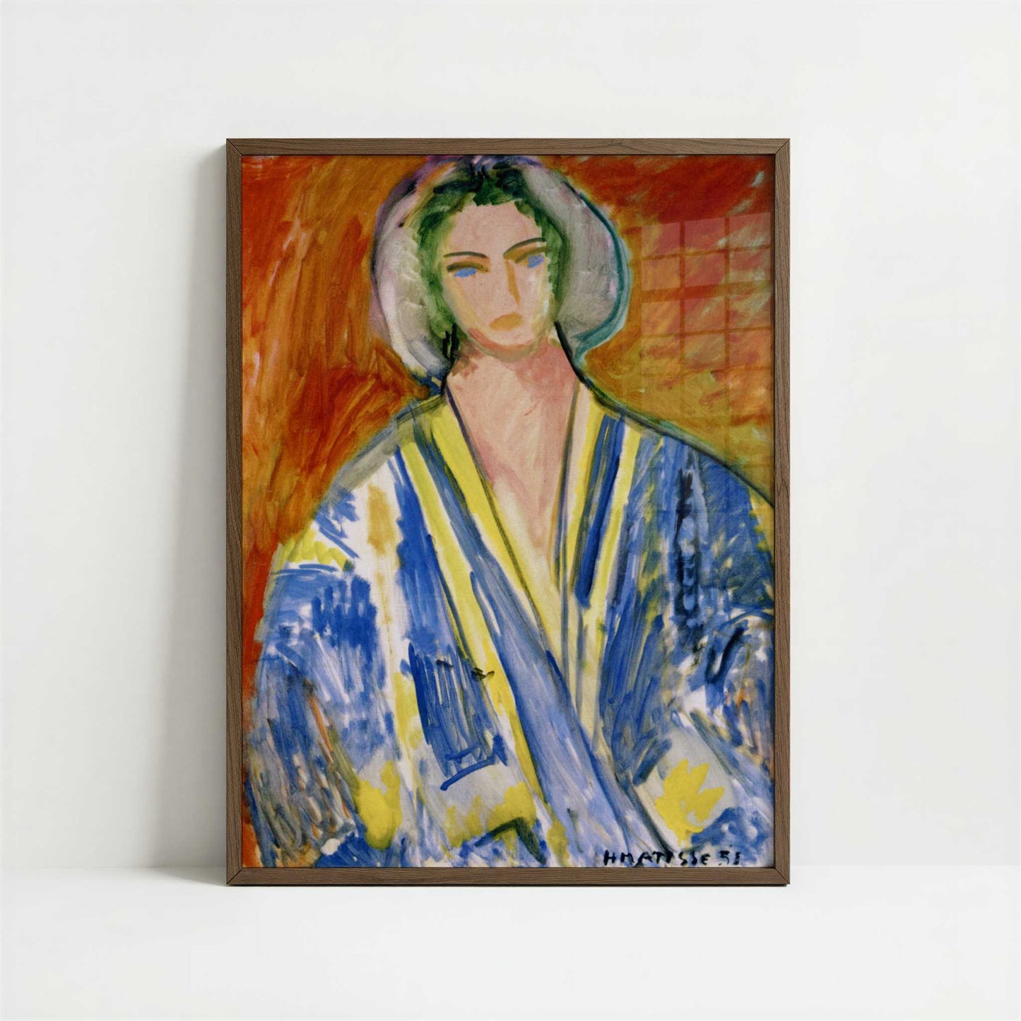 Woman in a Blue Grandoura (1951) by Henri Matisse – Art Print - Art print in dark wood frame