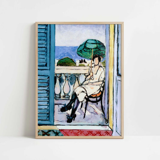 Woman with a Green Parasol on a Balcony (1919) by Henri Matisse – Art Print - Art print in oak frame