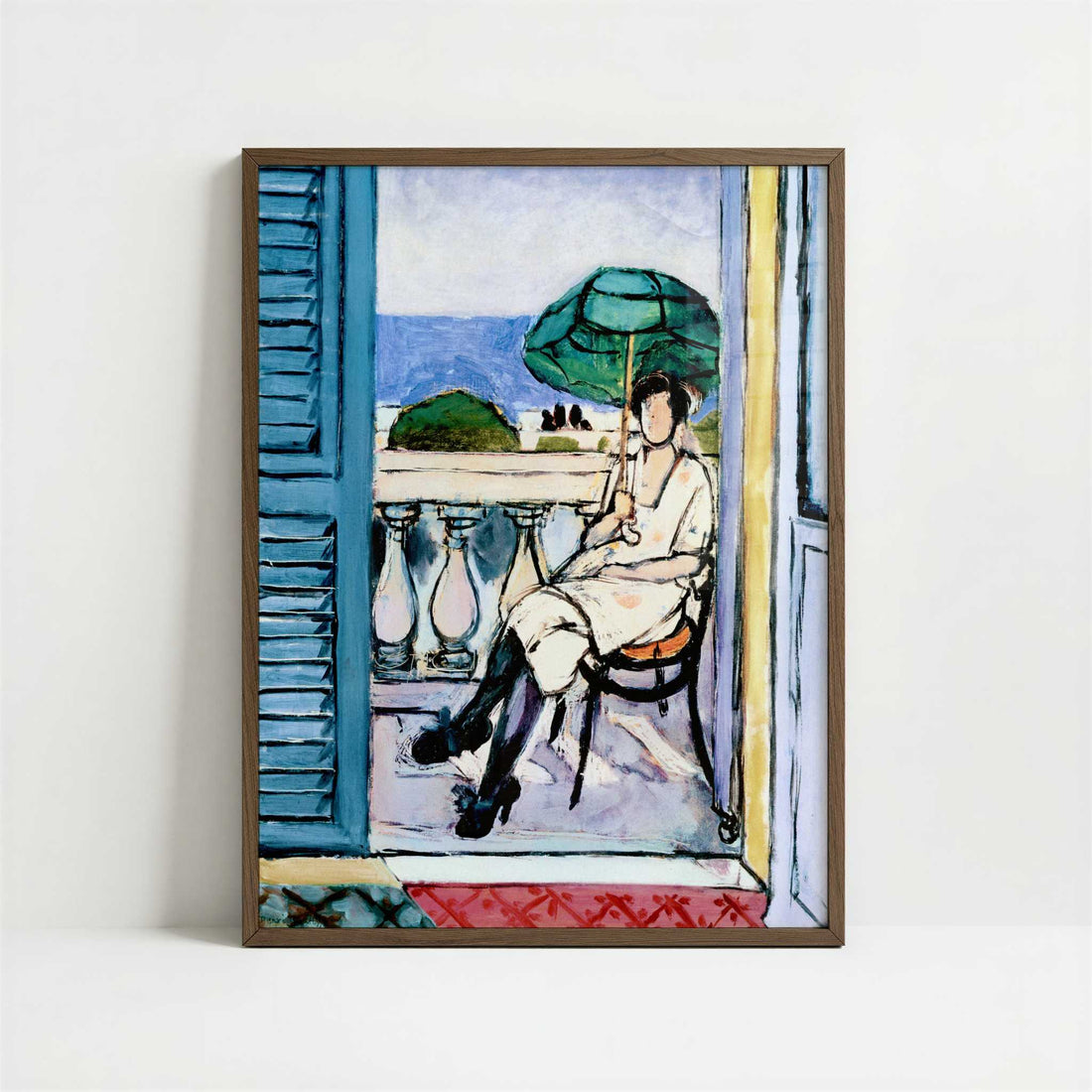 Woman with a Green Parasol on a Balcony (1919) by Henri Matisse – Art Print - Art print in dark wood frame