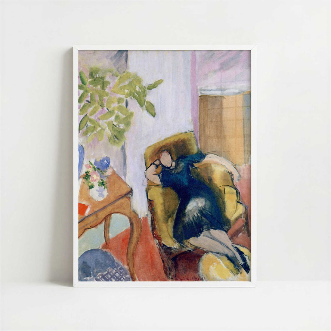 Young Girl in Black in a Yellow Armchair (1935) by Henri Matisse – Art Print - Art print in white frame