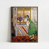 Young Woman in a Green Dress Leaning on a Balcony (1921) by Henri Matisse – Art Print - Art print in dark wood frame