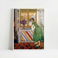 Young Woman in a Green Dress Leaning on a Balcony (1921) by Henri Matisse – Art Print - Art print in white frame