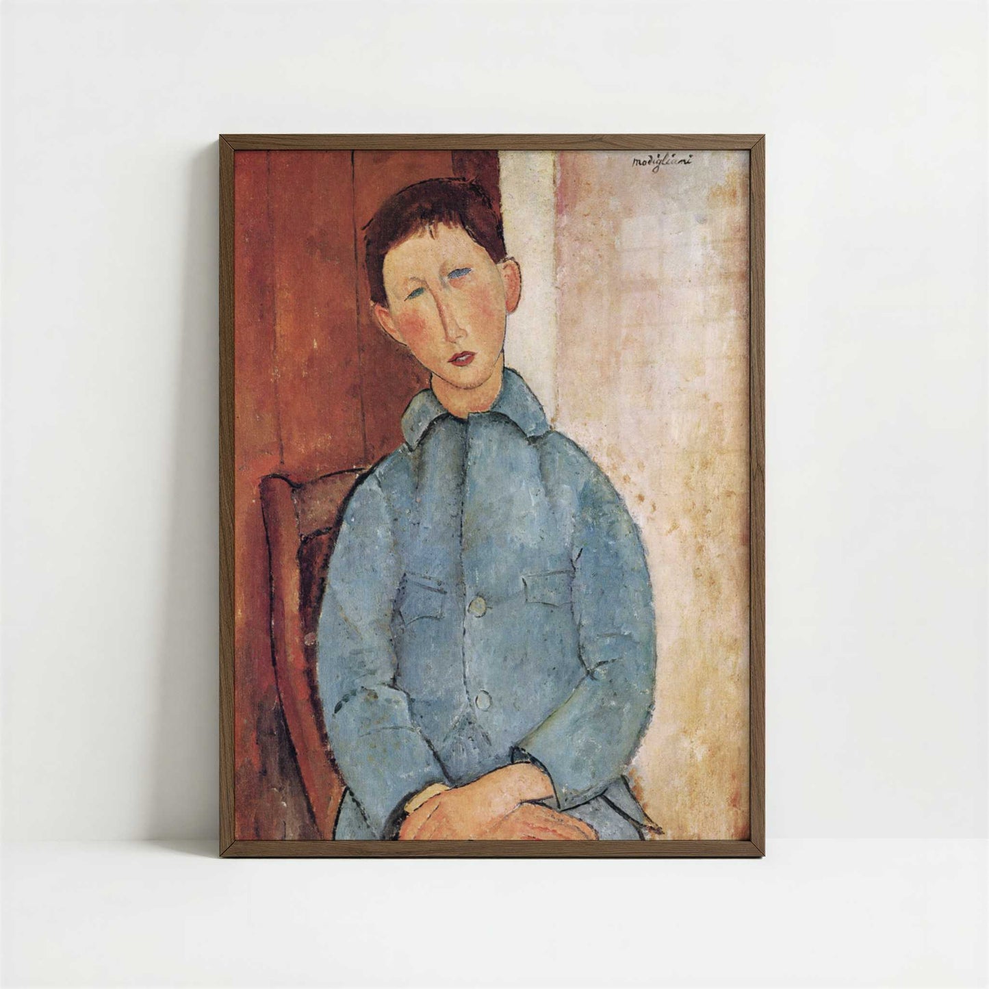 Boy in a Blue Jacket (1918) by Amedeo Modigliani – Art Print - Art print in dark wood frame