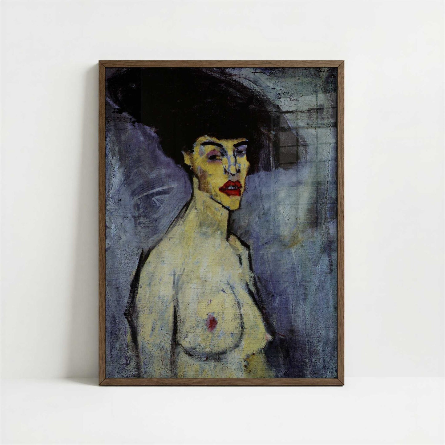 Female Nude with Hat (1907–8) by Amedeo Modigliani – Art Print - Art print in dark wood frame