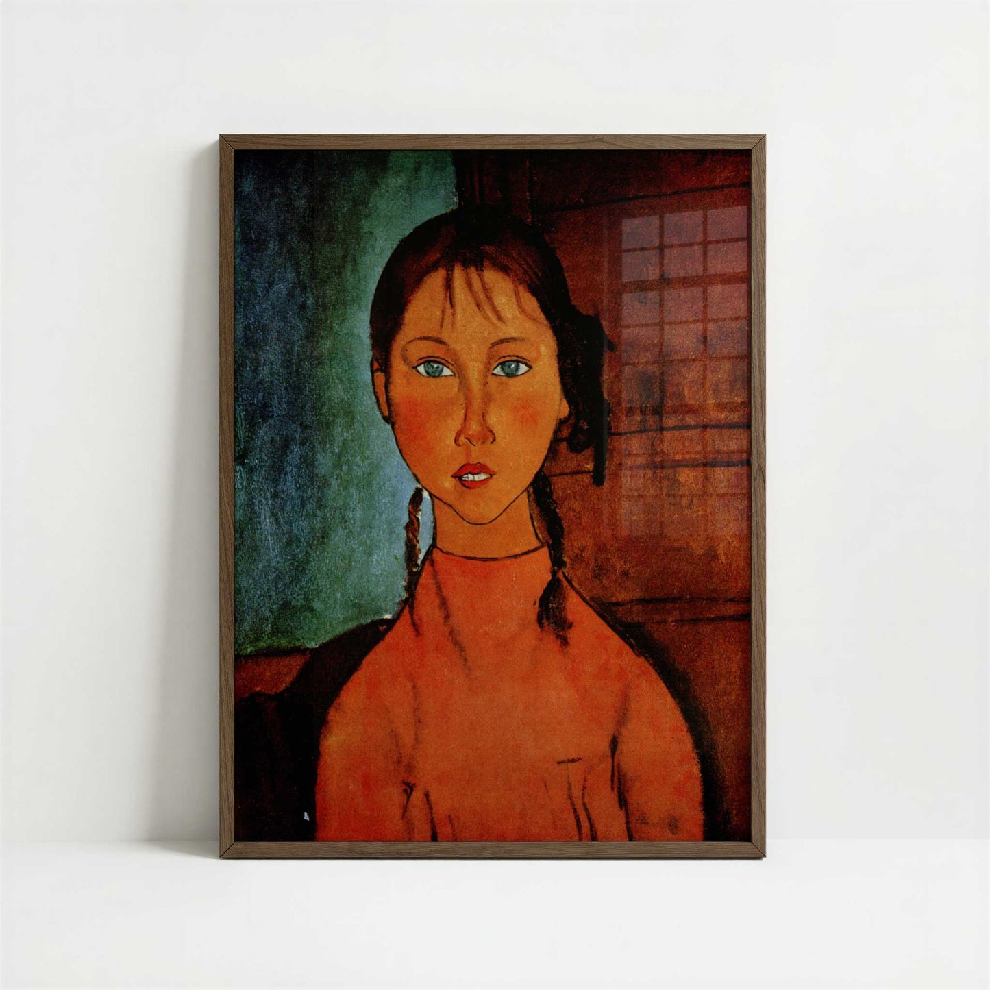 Girl with Braids (1918) by Amedeo Modigliani – Art Print - Art print in dark wood frame