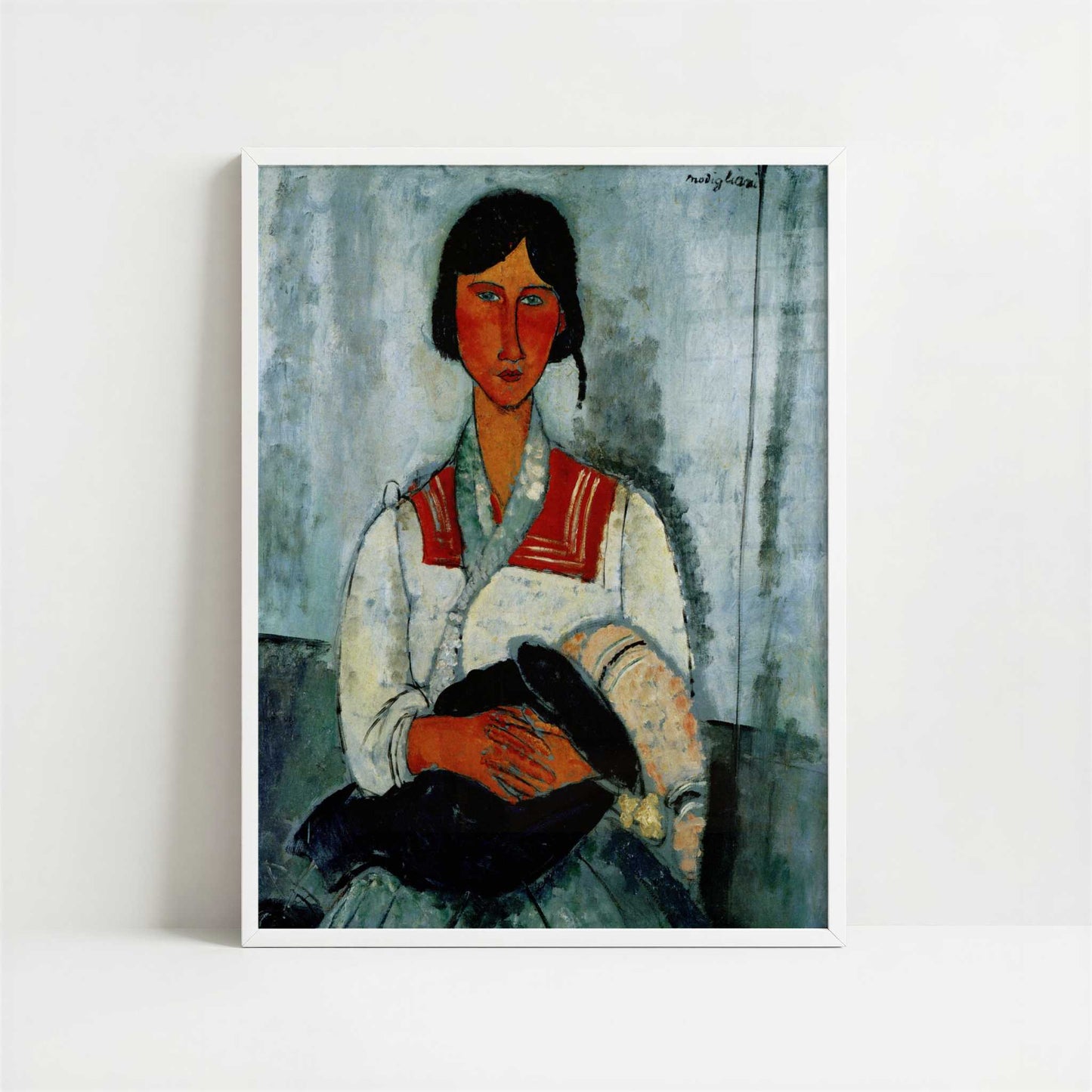 Gypsy Woman with Baby (1919) by Amedeo Modigliani – Art Print - Art print in white frame