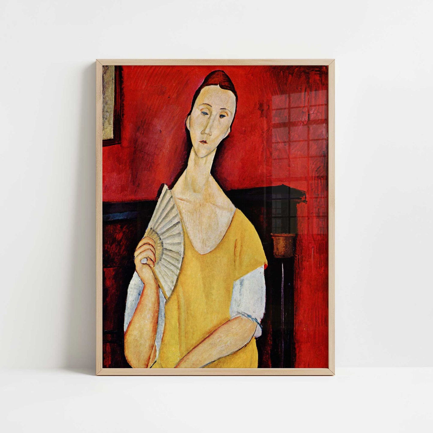 Lunia Czechowska with a Fan (1919) by Amedeo Modigliani – Art Print - Art print in oak frame