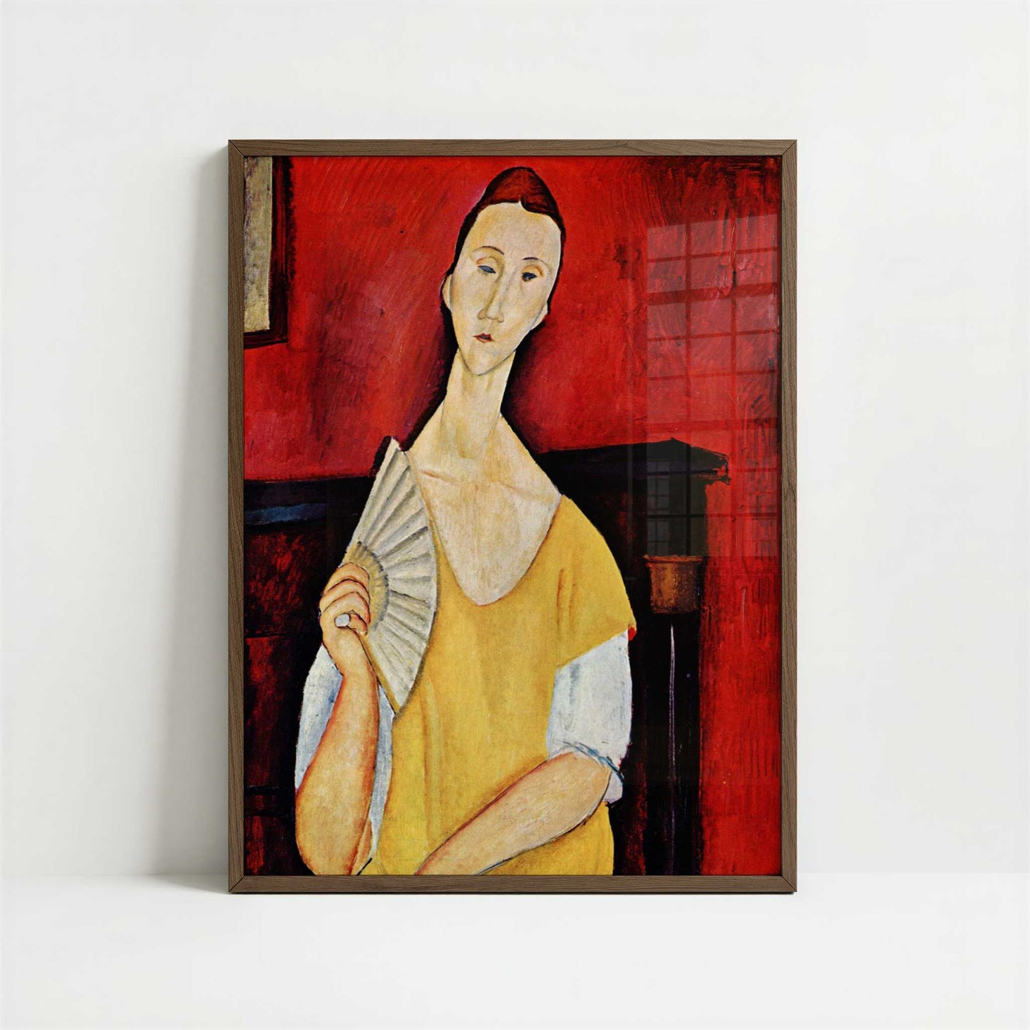 Lunia Czechowska with a Fan (1919) by Amedeo Modigliani – Art Print - Art print in dark wood frame