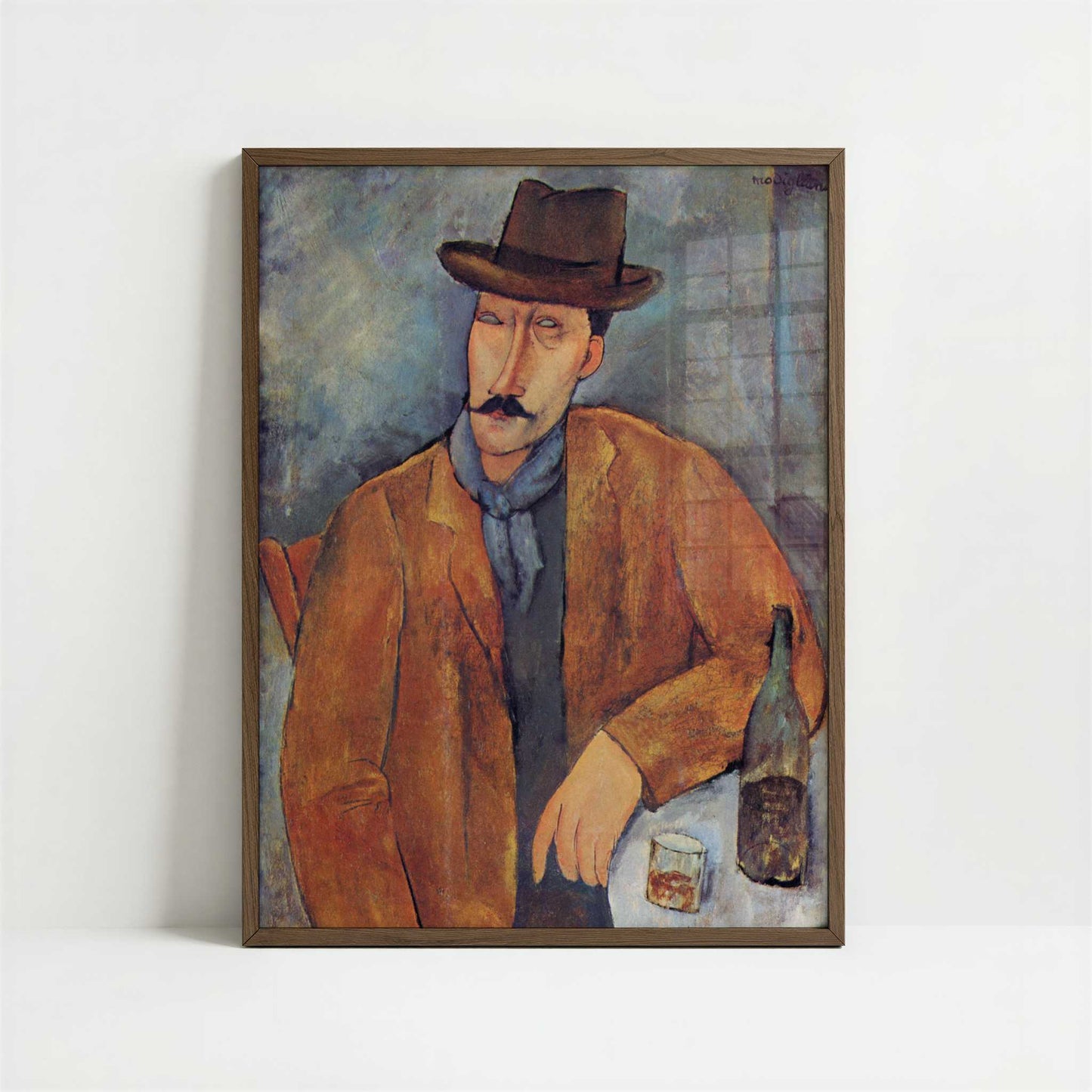 Man Leaning on a Table (1918) by Amedeo Modigliani – Art Print - Art print in dark wood frame