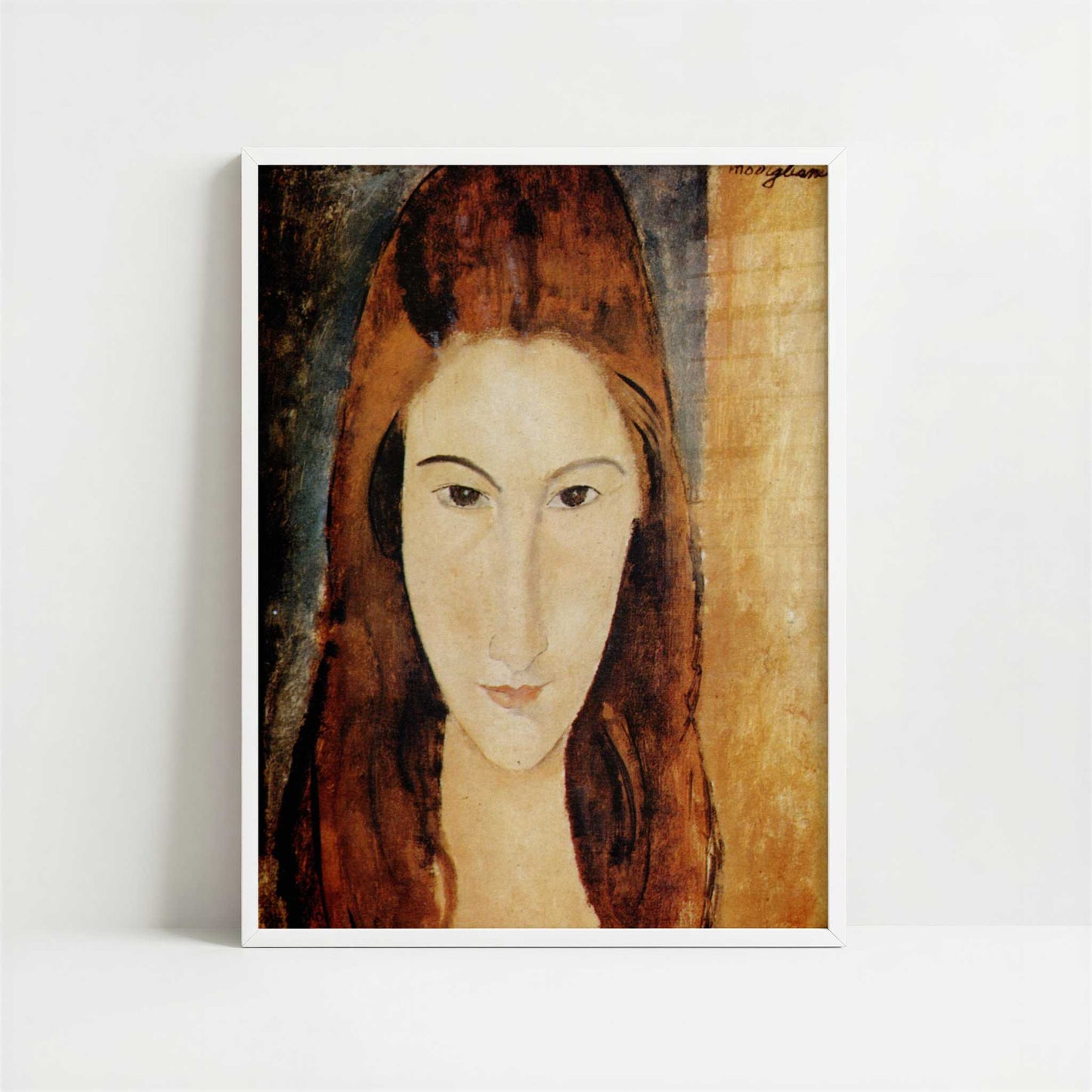 Portrait of Jeanne Hébuterne (1919) by Amedeo Modigliani – Art Print - Art print in white frame