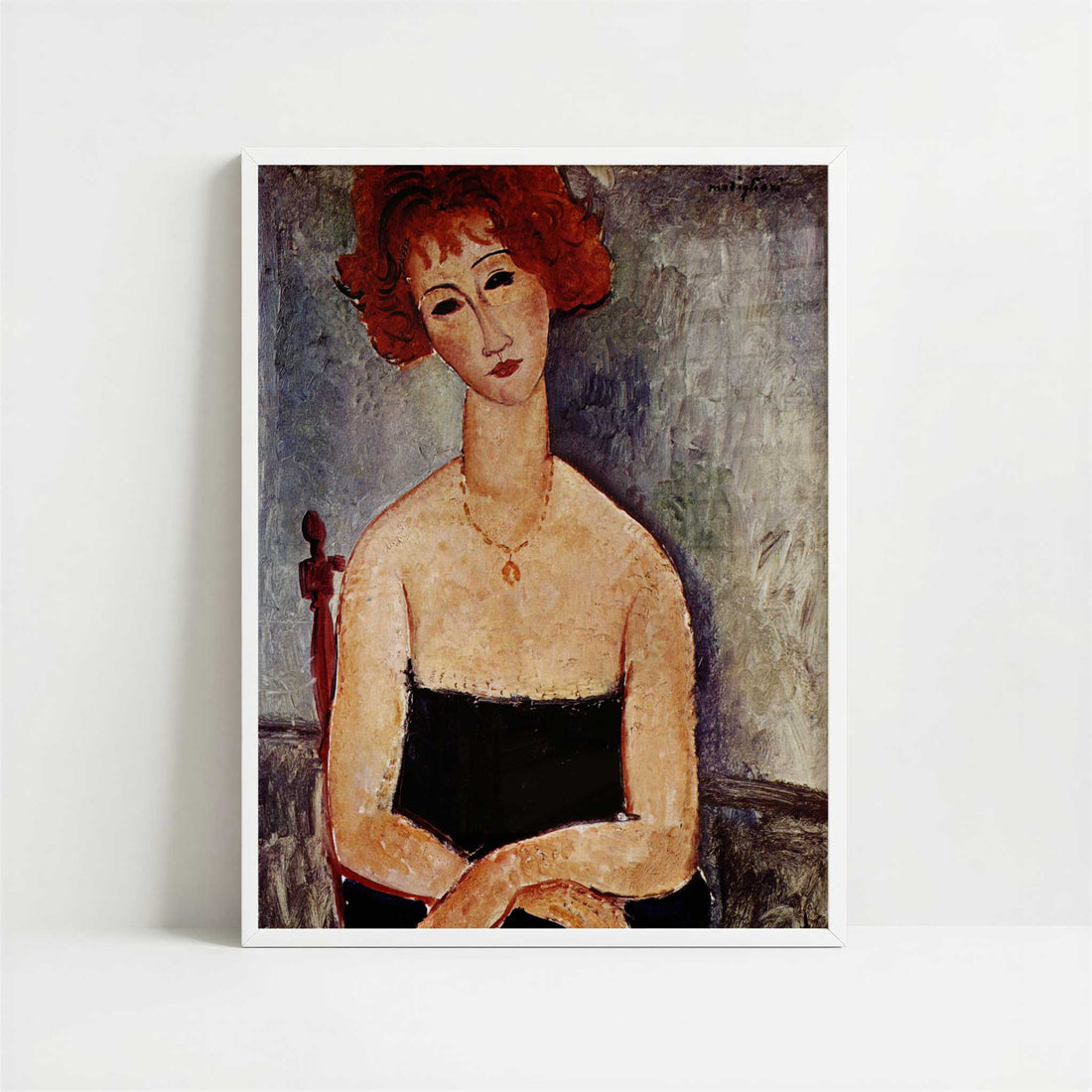 Red-headed Woman with Pendant Necklace (1917) by Amedeo Modigliani – Art Print - Art print in white frame