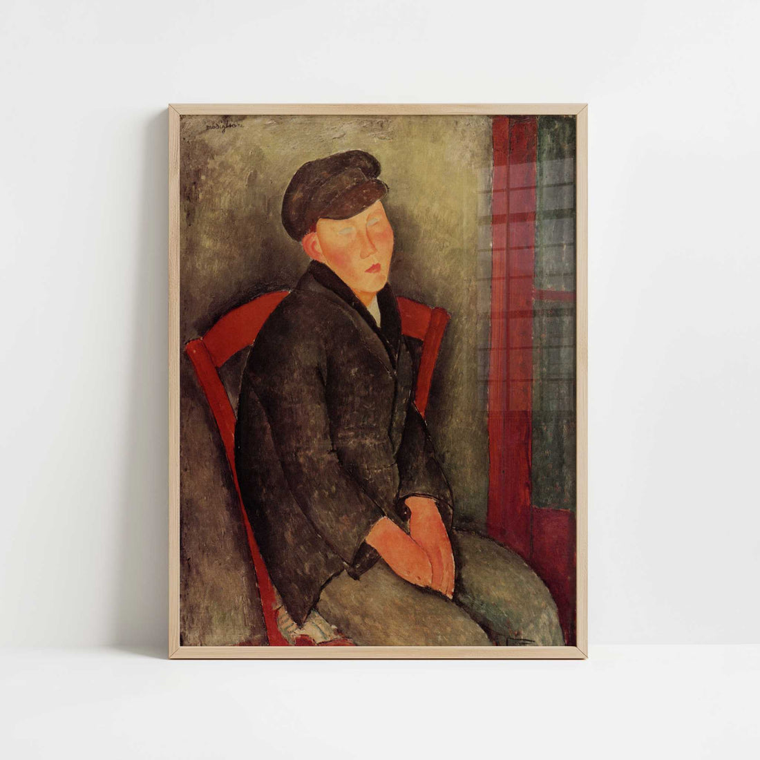 Seated Boy with Cap (1918) by Amedeo Modigliani – Art Print - Art print in oak frame
