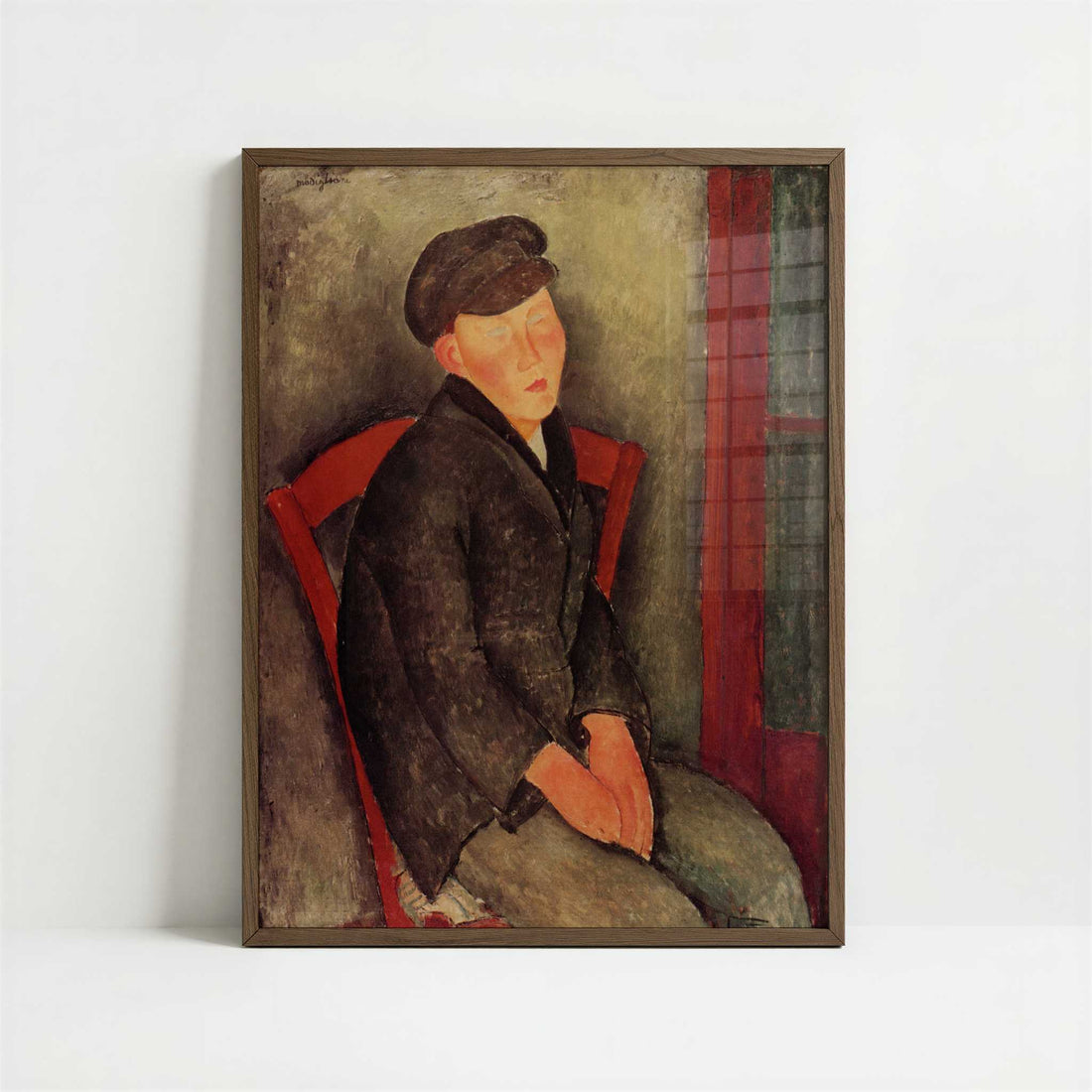 Seated Boy with Cap (1918) by Amedeo Modigliani – Art Print - Art print in dark wood frame